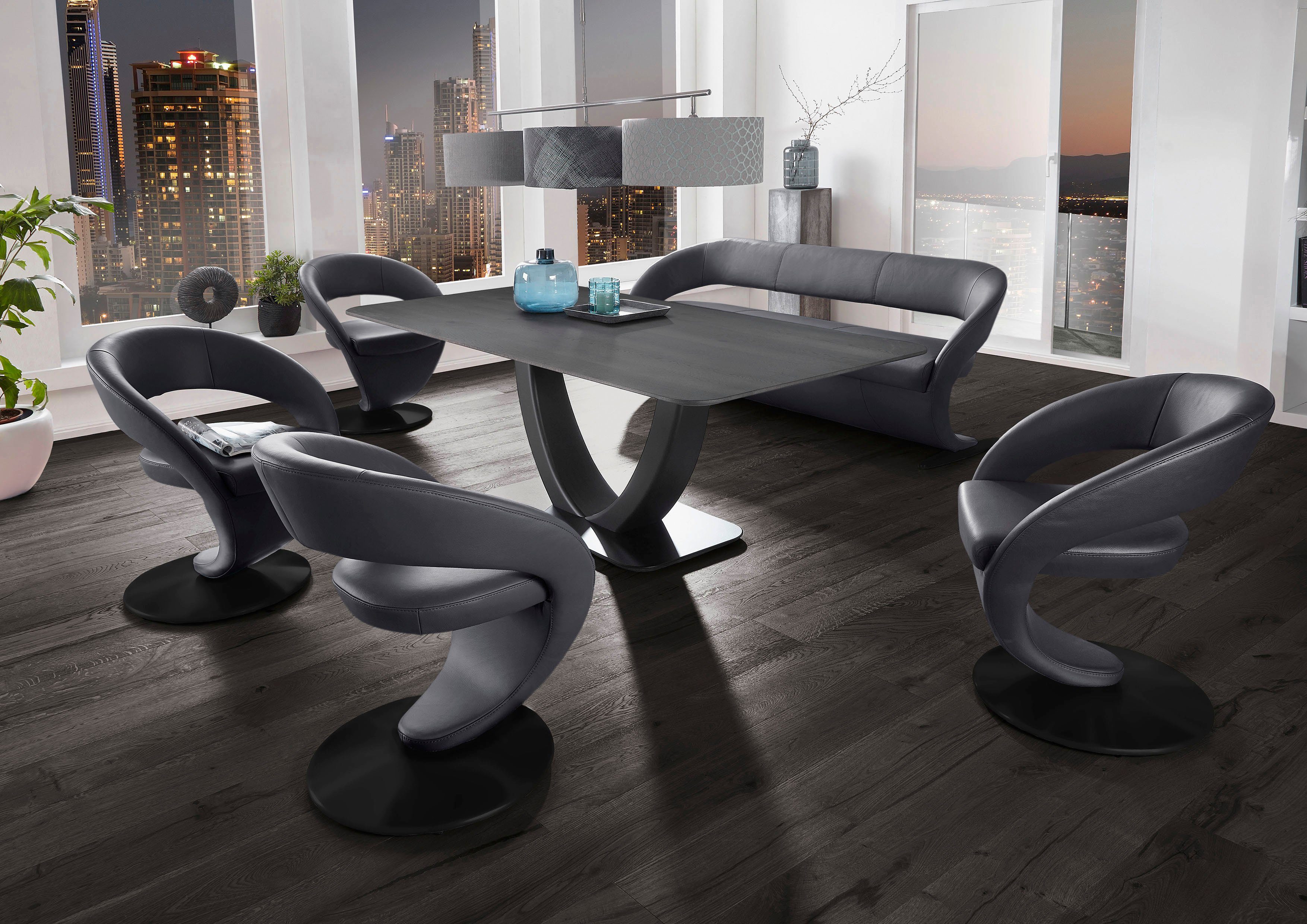 K+W in 180x90cm, 4 Tisch Wohnen (Set), und Design-Drehstühlen Tischplatte Wildeiche Komfort Essgruppe Wave, &