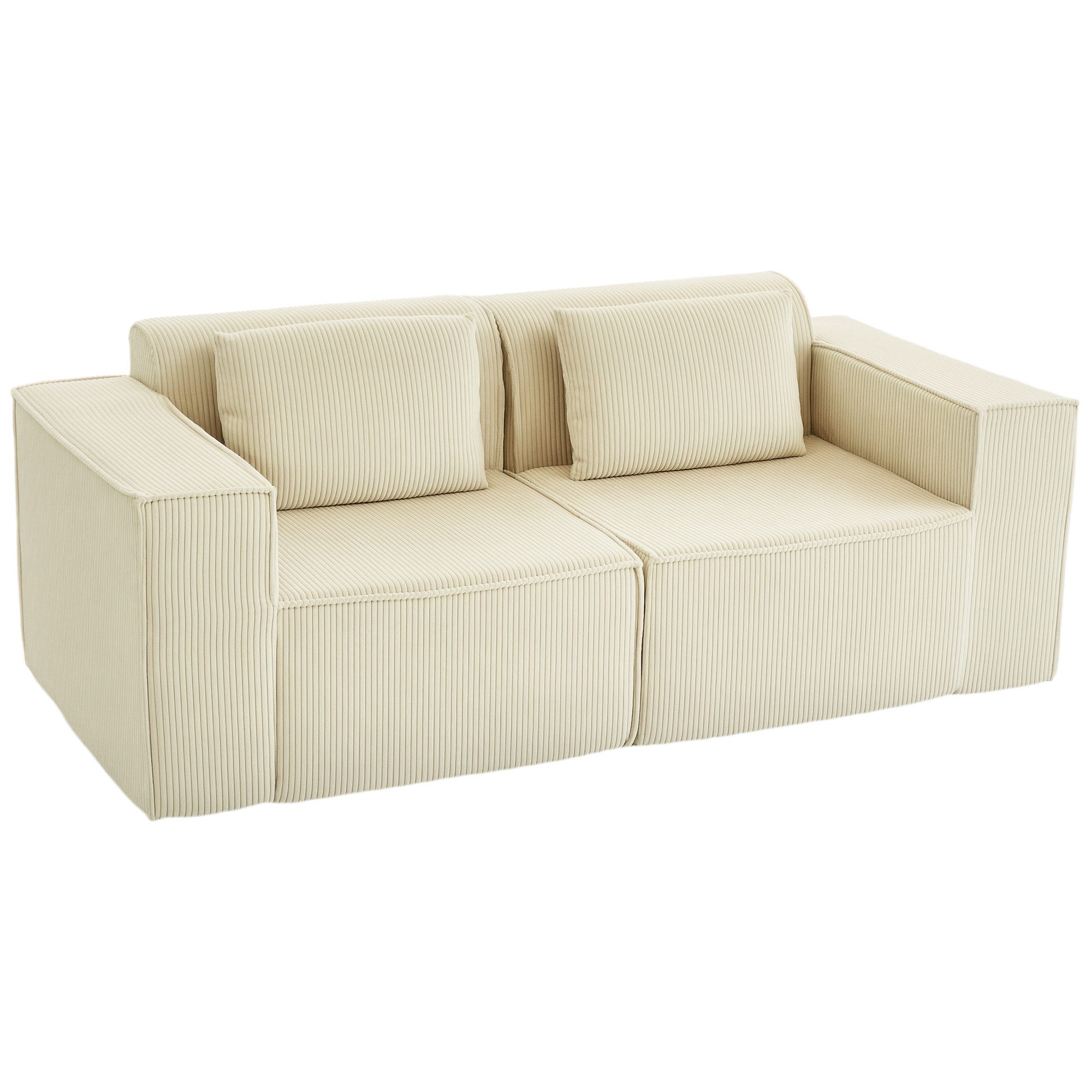 HOMCOM 3-Sitzer weiche Schaumstoffstruktur, breite Armlehnen, 2 Kissen, Couch 1 Teile, für Wohnzimmer, Schlafzimmer, Beige