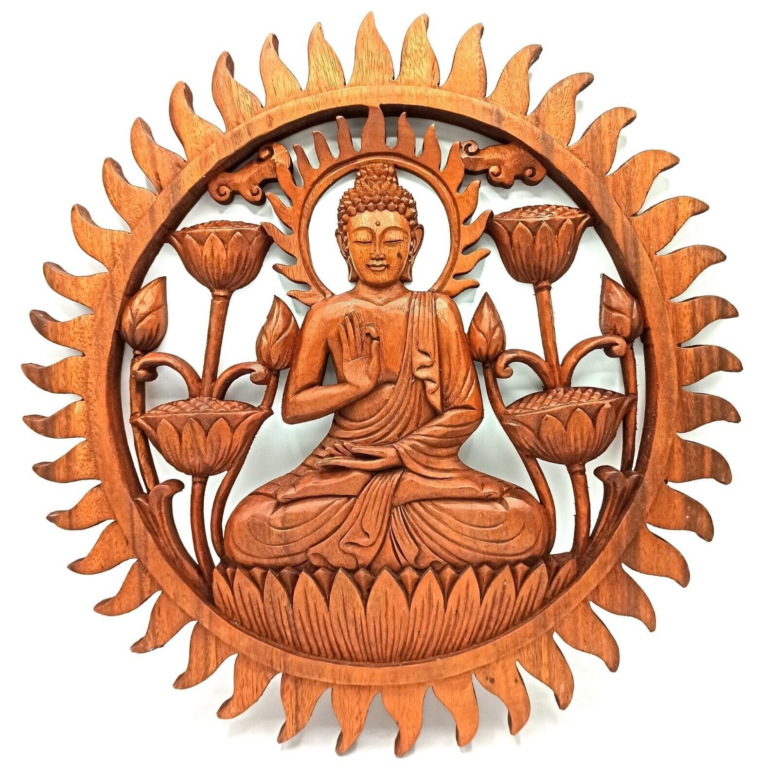 Wanddekoobjekt Wanddeko Buddha & Lotus Holz Panel Schnitzerei Handarbeit 40cm