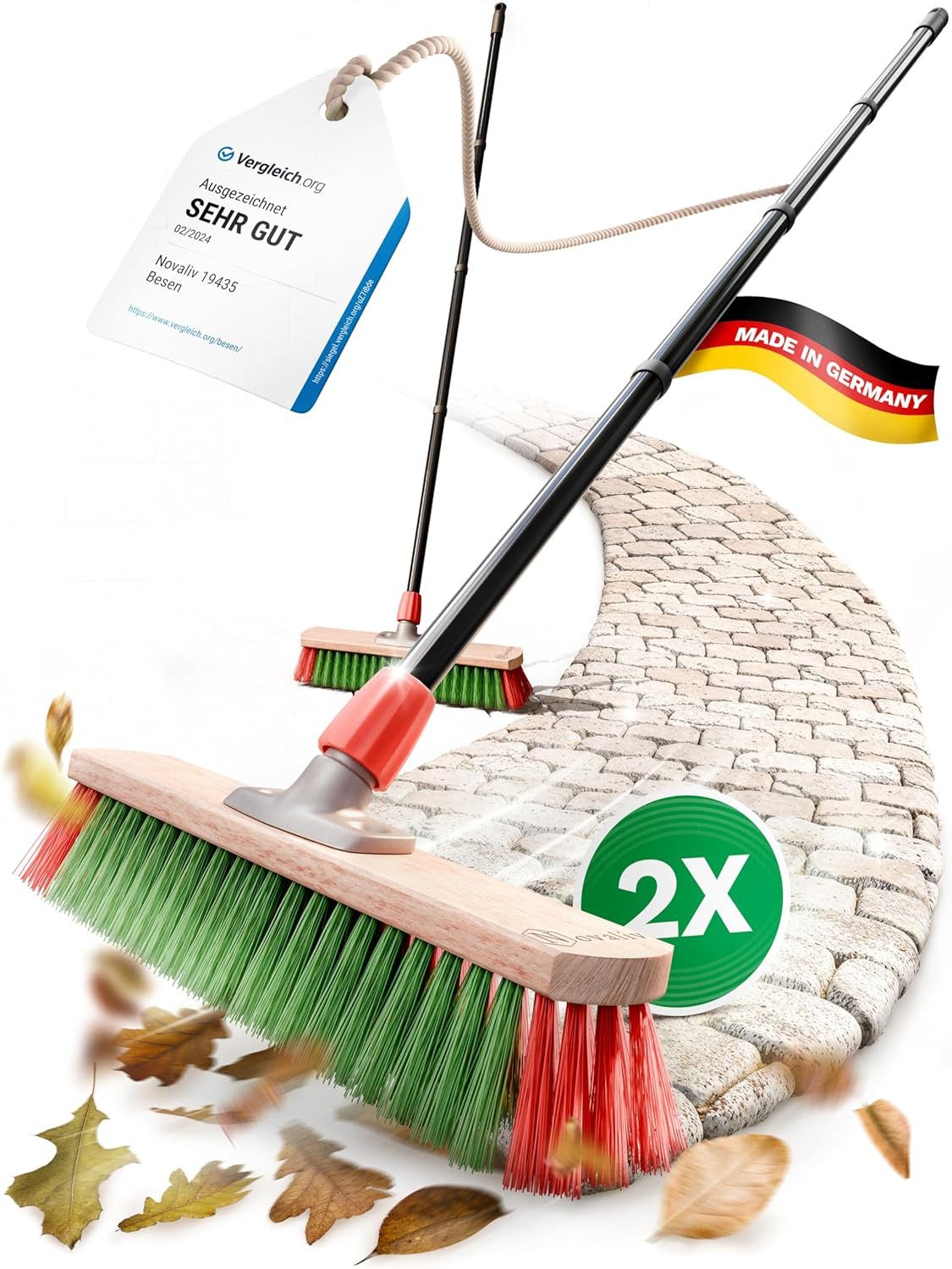 Novaliv Kehrgarnitur 19435-30656-2x, (2-tlg), Novaliv 2X Gartenbesen 40 cm mit Stiel draußen Elaston Borsten Ideal a