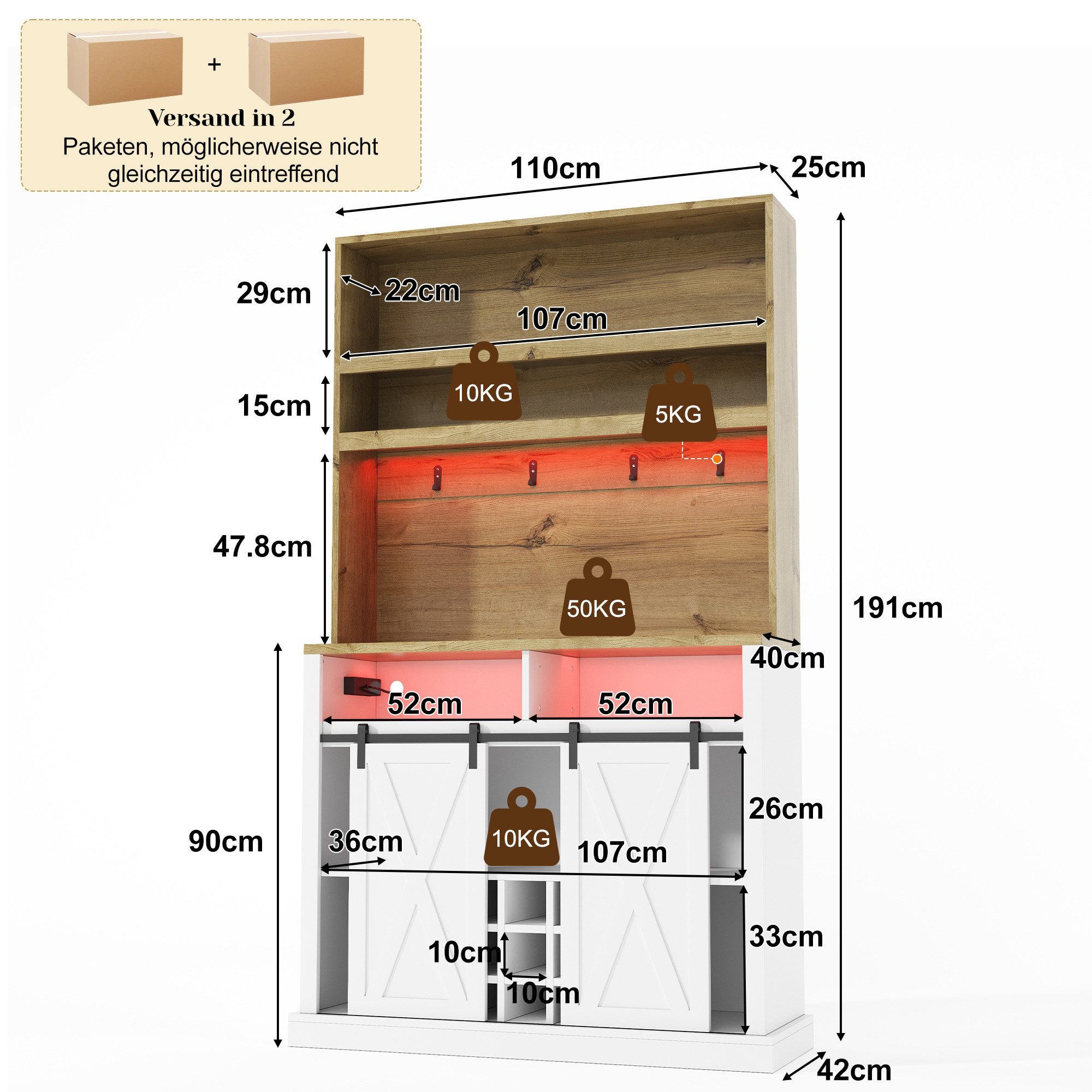 Flieks Küchenbuffet Hochschrank mit LED-Beleuchtung, Steckdose, Haken, Weinregal (1-St., B110/T42/H191 cm) Küchenschrank mit Arbeitsplatte in Holzoptik Mehrzwec – Bild 5 von 5