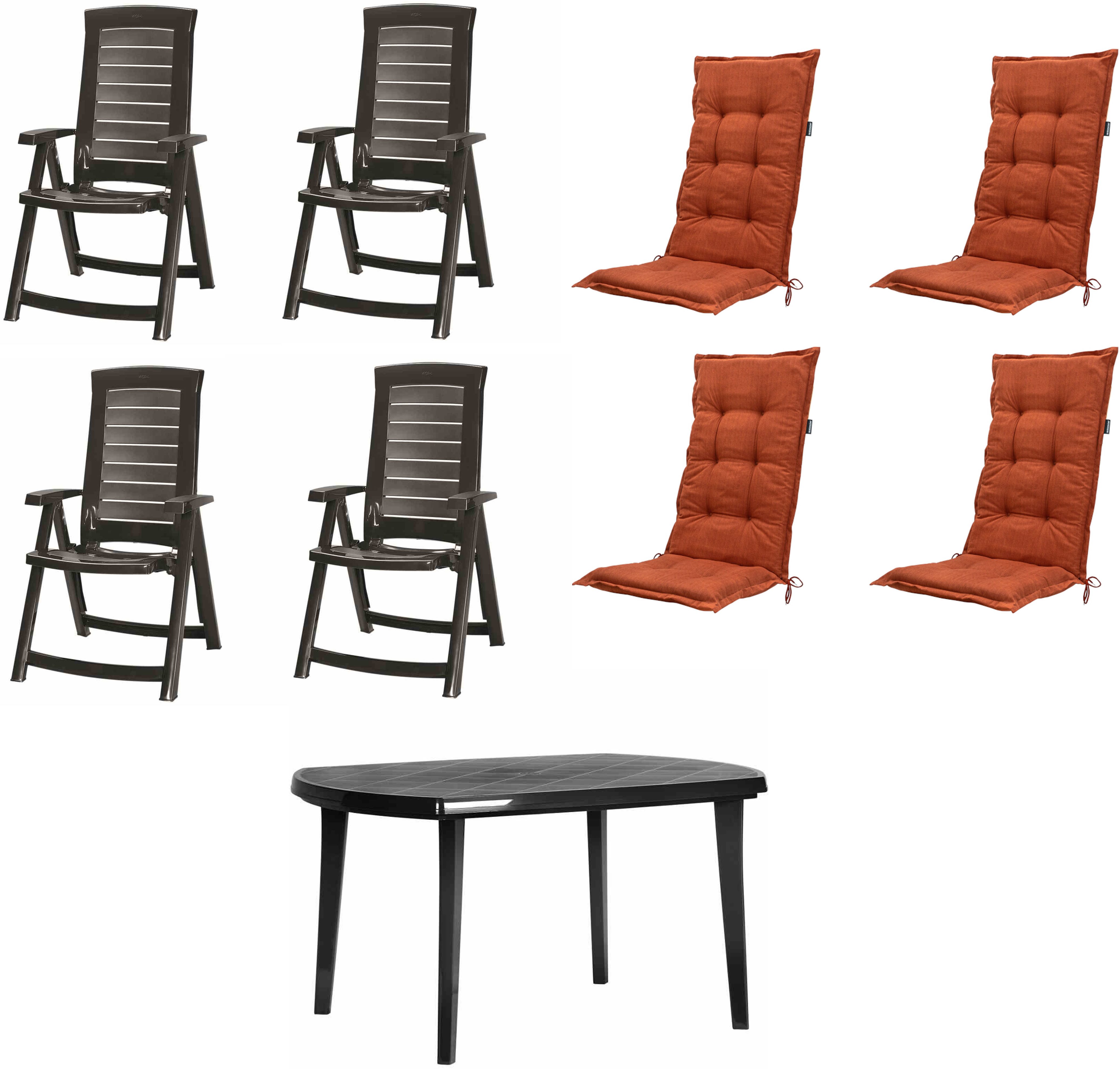 Jardin Garten-Essgruppe Aruba + Elise, (Set, 9-tlg), 4 x Klappsessel graphit, 1 x Tisch graphit, 4 x Auflage terra