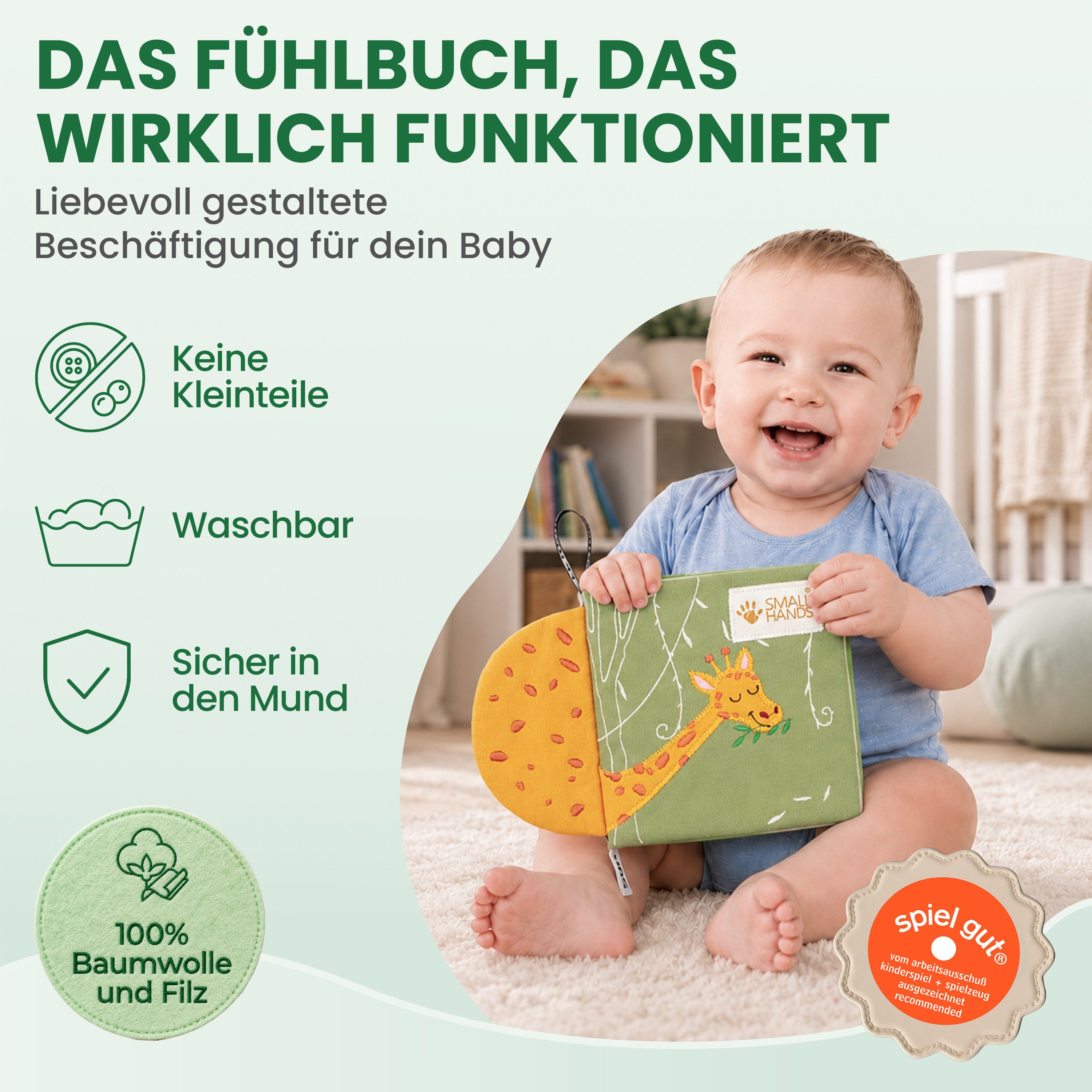 My First Book Stoffbuch Small Hands, Baby Fühlbuch, 0-12 Monate, Baby Spielzeug, Fühlbuch Stoffbuch waschbar, Montessori ab 0 Monate