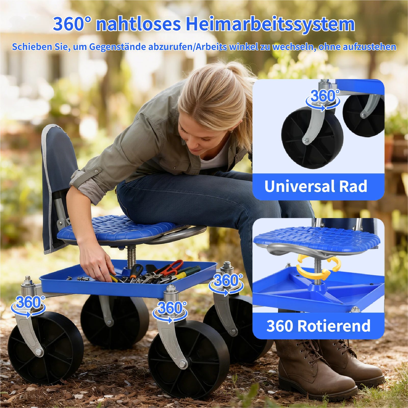 Rutaqian Rollsitz Fahrbarer Gartensitz bis 150 kg, Schubkarre Höhenverstellbar 51-61 cm (1 St, Gartenhocker), 360° Drehbarer Arbeitshocker mit Stauraum für Gart – Bild 4 von 5
