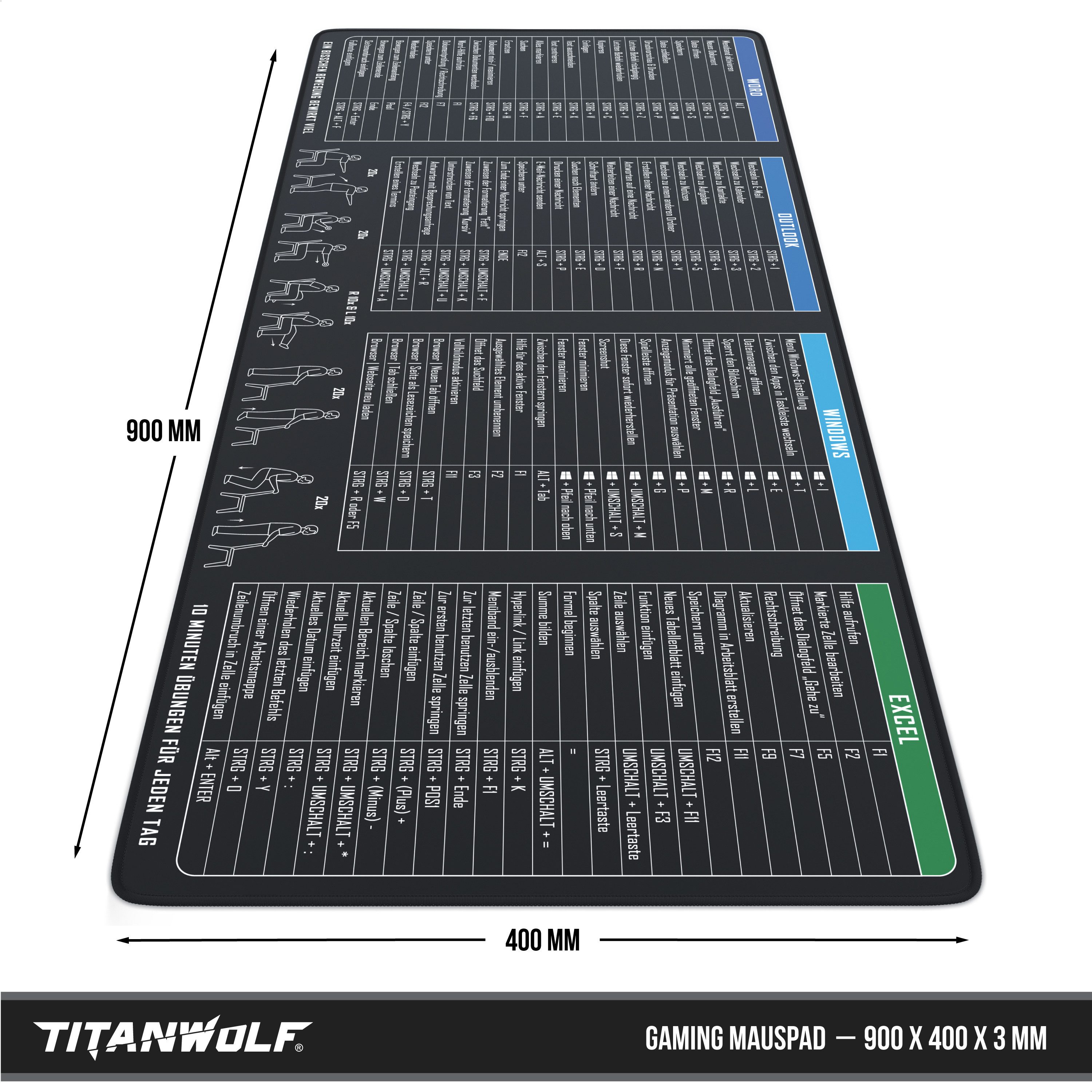 Titanwolf Gaming Mauspad XXL Speed Mousepad 900 x 400 x 3 mm, Schreibtischauflage, abwaschbar, rutschfeste Rückseite, Geschwindigkeit & Präzision, MS Office Fitness