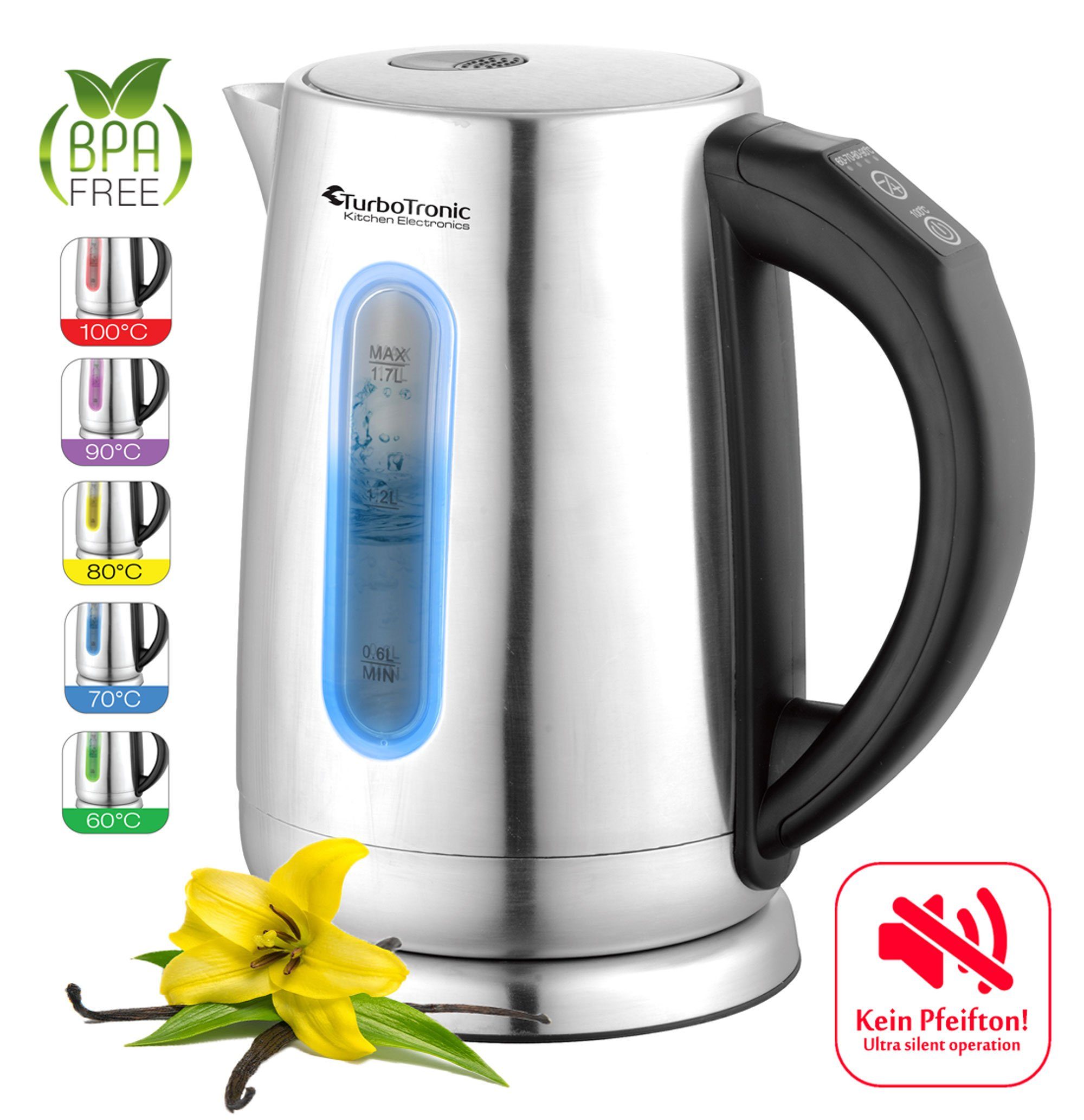 TurboTronic by Z-Line Wasserkocher Edelstahl, silber, 1,7 l, 2200 W, BPA Frei