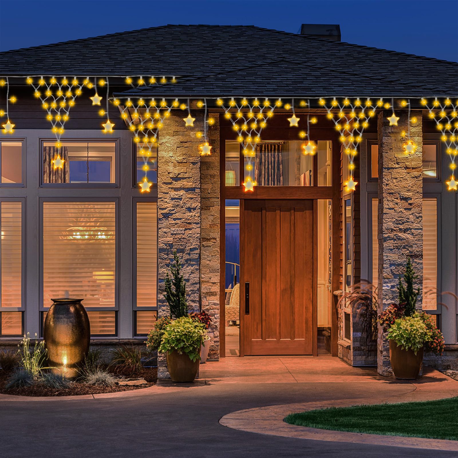 Rosnek LED-Lichtervorhang LED Lichterkette Sterne Weihnachten,LED Lichtervorhang Beleuchtung, Gartenbeleuchtung,für Party Garten Balkon Hochzeit Weihnachten – Bild 5 von 5