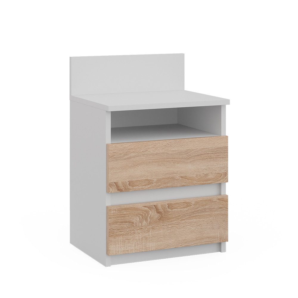 Nachtschrank Monty, Weiß/Sonoma, 32.3 x 59.1 cm mit 2 Schubladen
