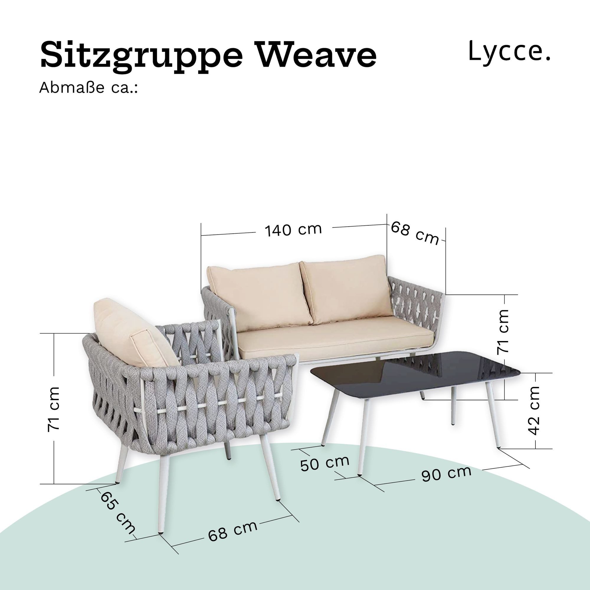 Lycce Loungeset Gartenmöbel-Set WEAVE: 2 Sessel, 1 Sofa, 1 Tisch mit Glasplatte, Loungemöbelset mit Kissen