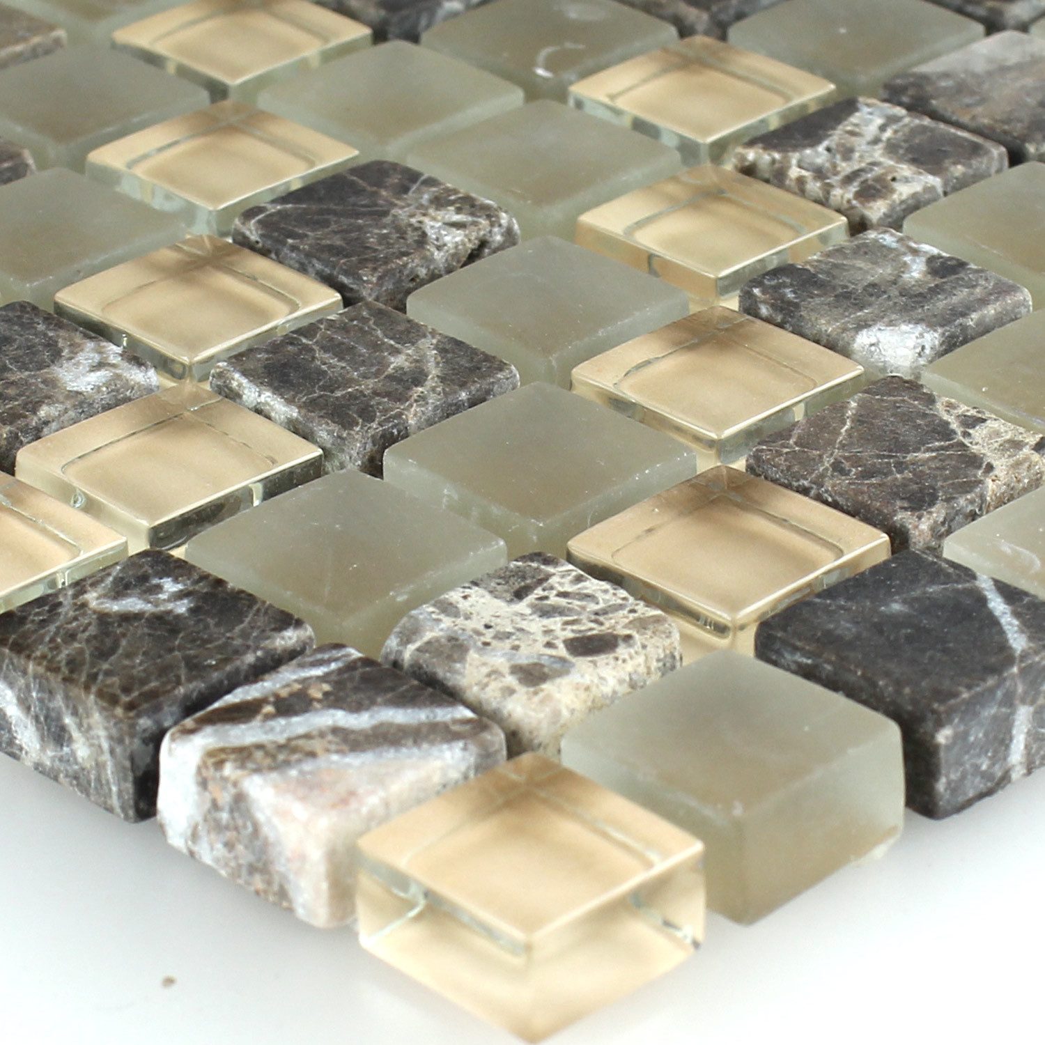 Mosafil Mosaikfliesen Mosaikfliesen Glas Marmor 15x15x8mm Braun Beige Mix, Naturstein-Glas-Marmor, beige-braun, Wasserfest