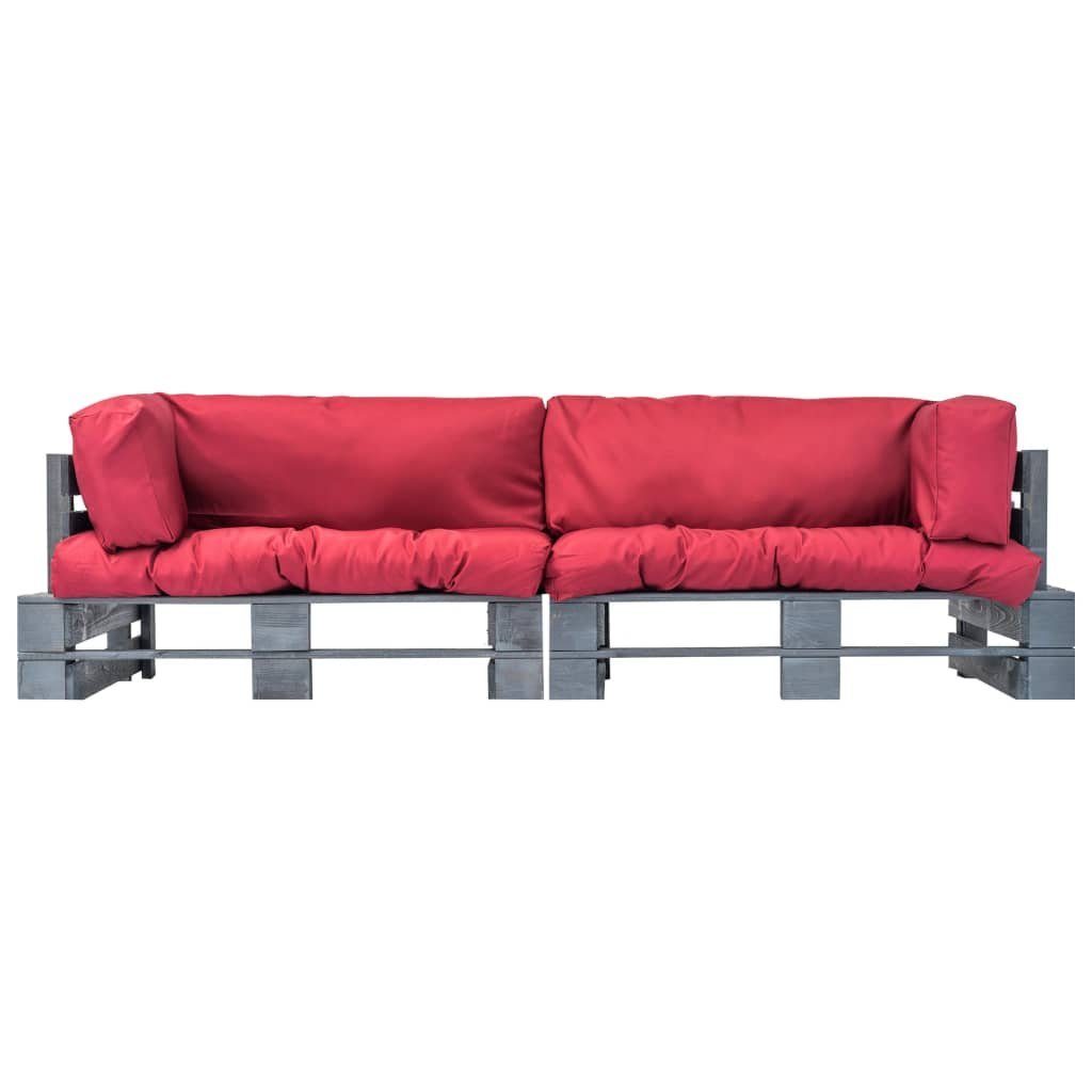 Kiefernholz, Loungesofa in Teile 2 mit Rot Outdoor-Sofa-Set vidaXL Paletten Grau Kissen und Rot 2-tlg.