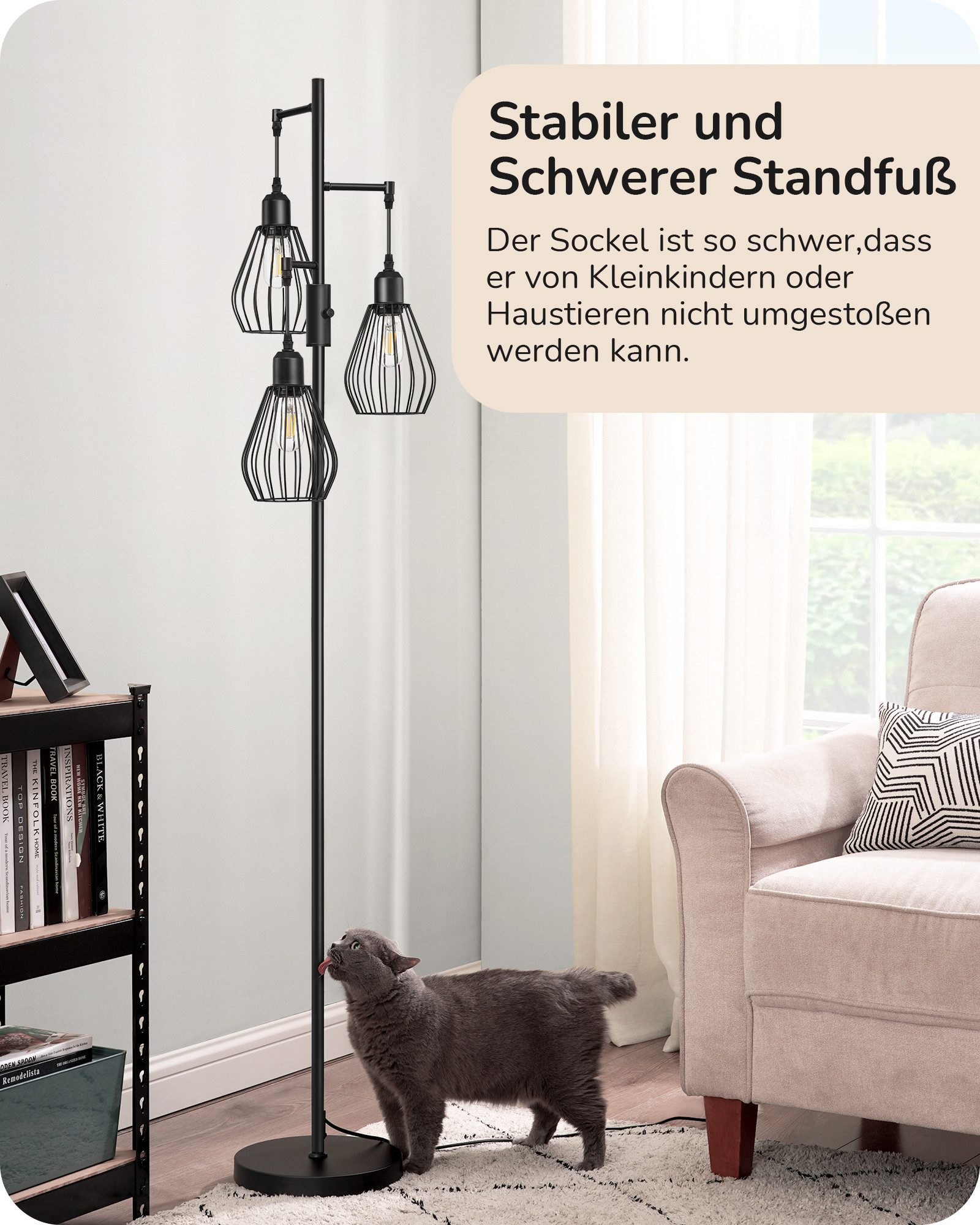 EDISHINE Stehlampe Wohnzimmer Dimmbar, 3-flammige Stehleuchte Industrial, LED wechselbar, Warmweiß, 3 Käfig Lampenschirm aus Metall