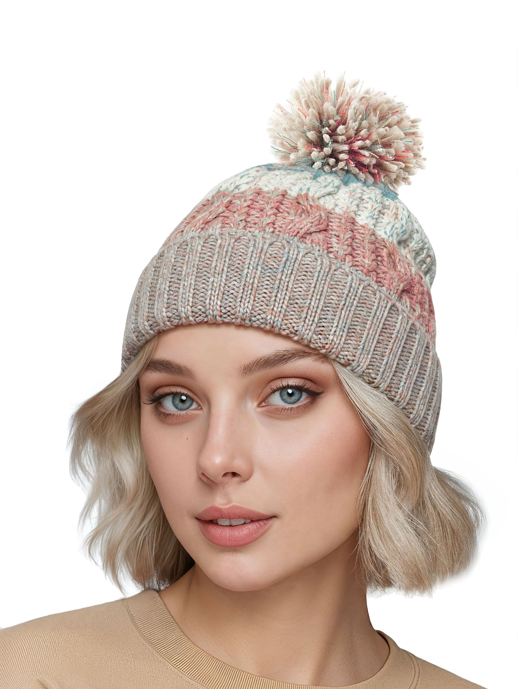 Neverless Strickmütze Damen Strickmütze Grobstrick Bunt Gemustert Fleecefutter Wintermütze