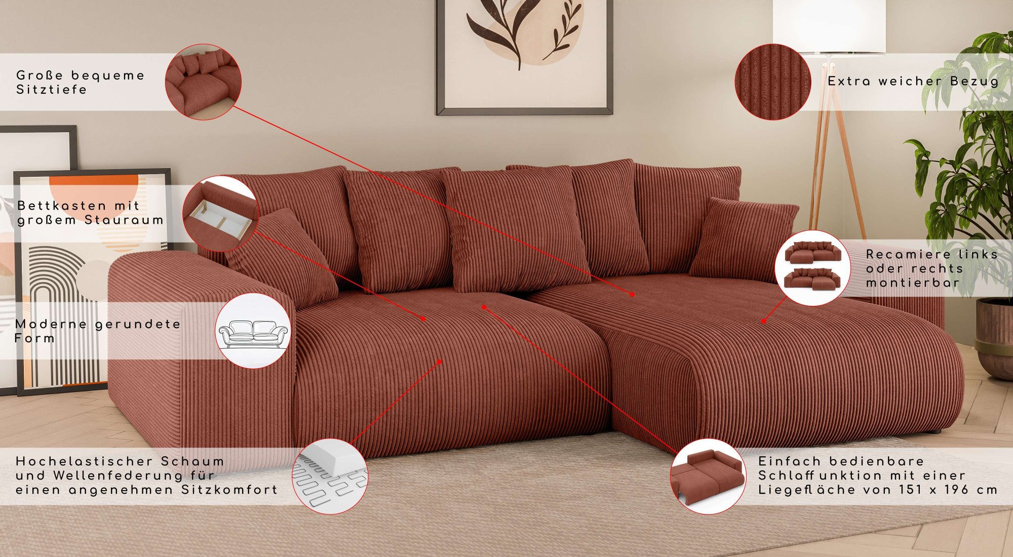 Home affaire Ecksofa LAKESIDE mit Bettfunktion und Bettkasten, B/T/H 257/166/84 cm, L-Form, Recamiere beidseitig montierbar, mit Wellenunterfederung