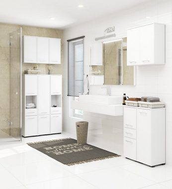 Home Collective Hochschrank Badezimmerschrank schmal in weiß mit 1 Tür und 2 Fächern, elegant mit silbernen Griffen, 82 cm hoch, 30cm breit und tief
