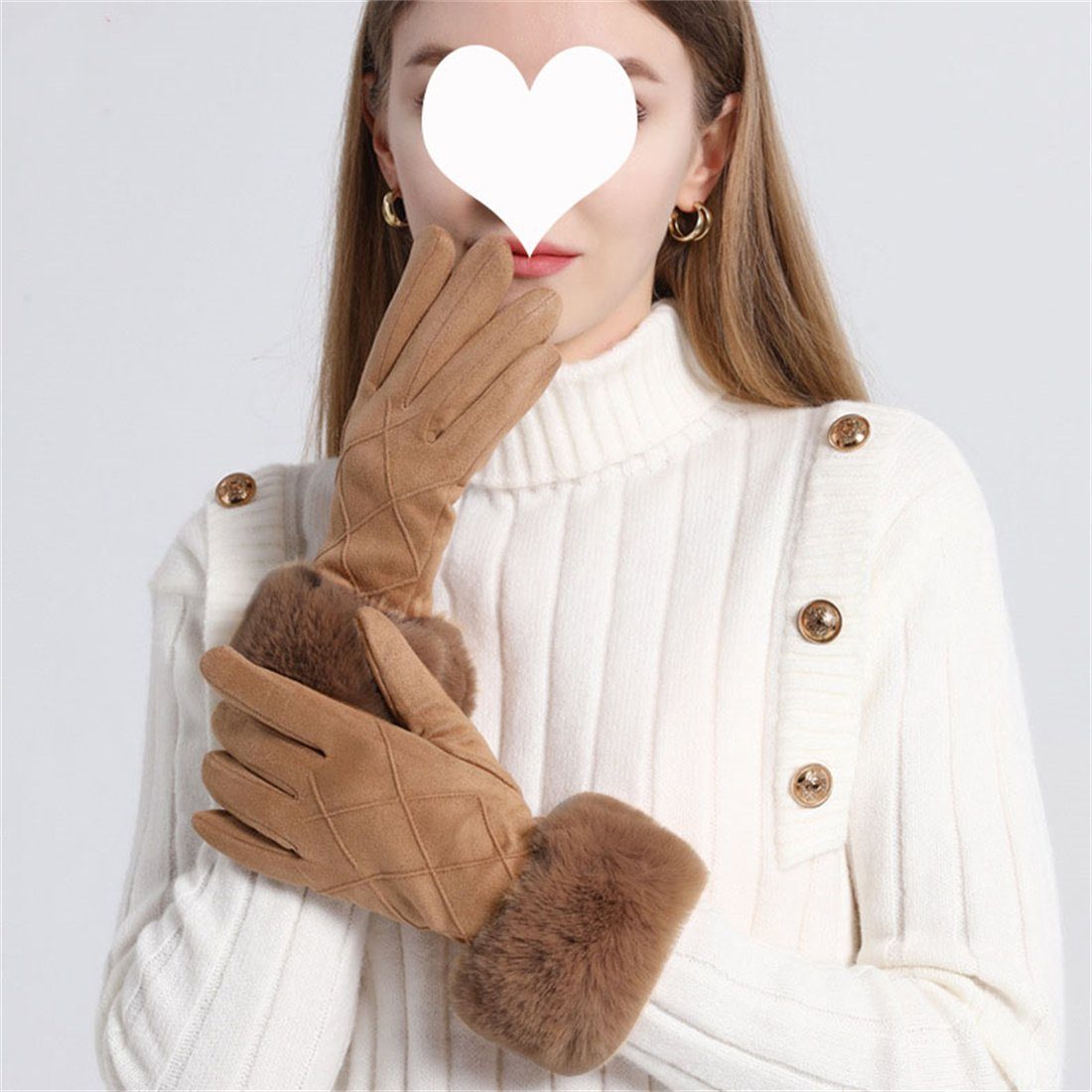 DÖRÖY Fleecehandschuhe Damen Kunstfell gepolsterte warme Handschuhe, Touchscreen Handschuhe khaki