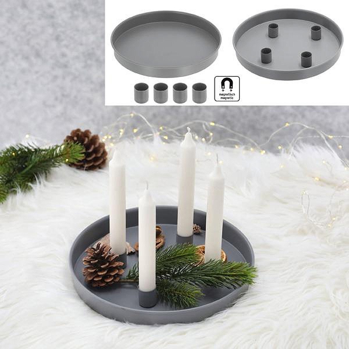 Macosa Home Adventskranz Kerzenteller rund Grau Metall 25 cm modern Kerzenhalter Adventskranz, Weihnachtsdeko Adventsdeko Kerzenhalter Metallkerzenteller
