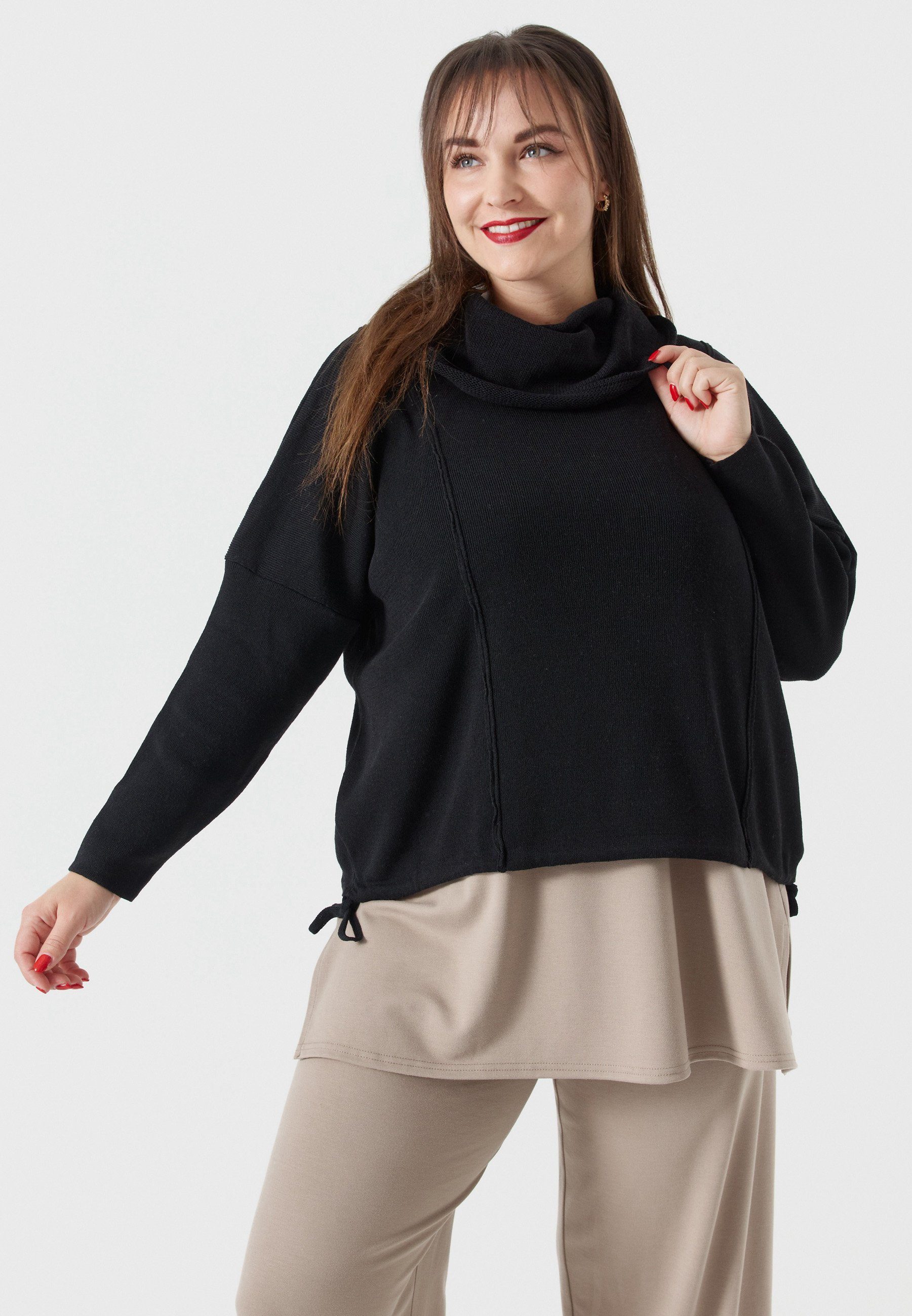 Kekoo Schalkragen Baumwolle 'Pure' Feinstrick Tunikashirt Pullover reiner aus mit Schwarz