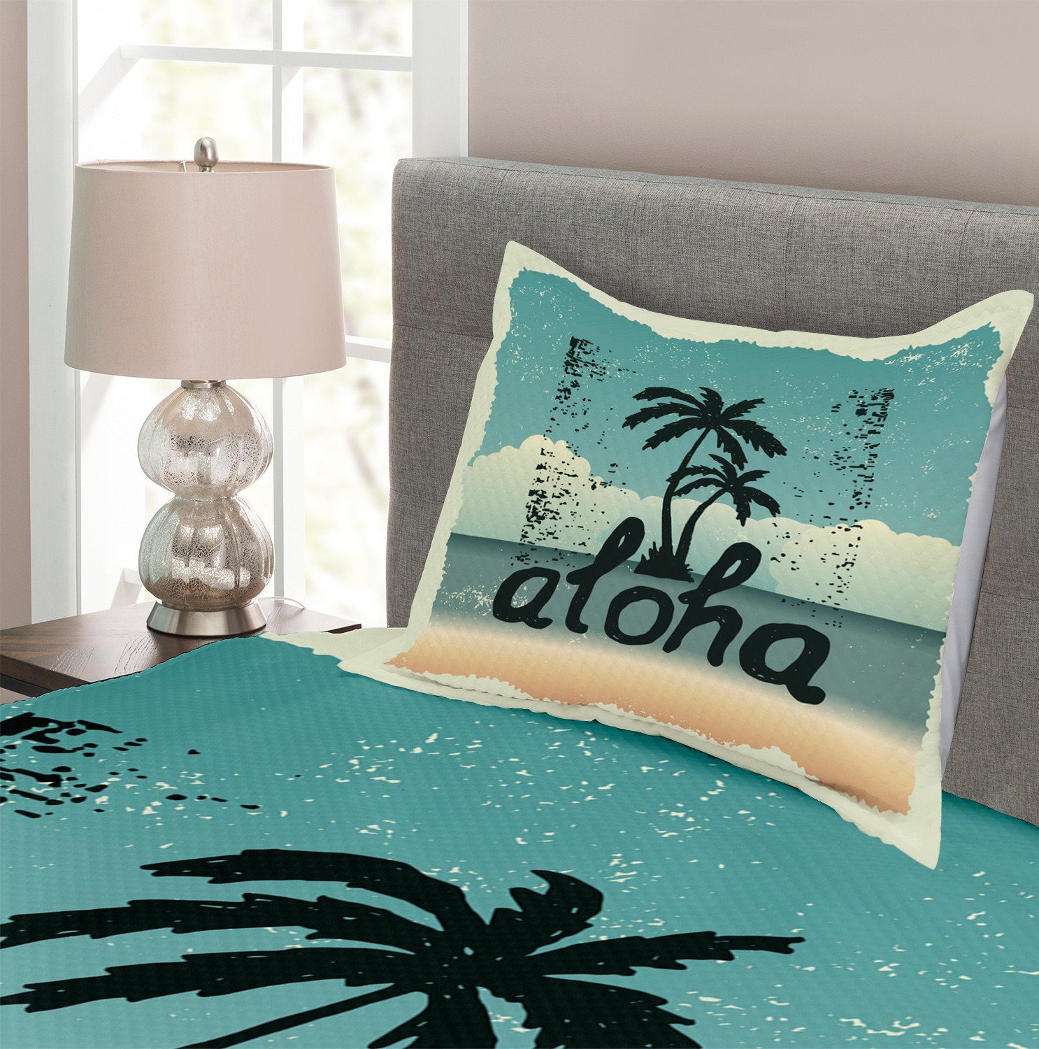 Schmutz-Typografie-Palmen Kissenbezügen Set Aloha Tagesdecke mit Waschbar, Abakuhaus,