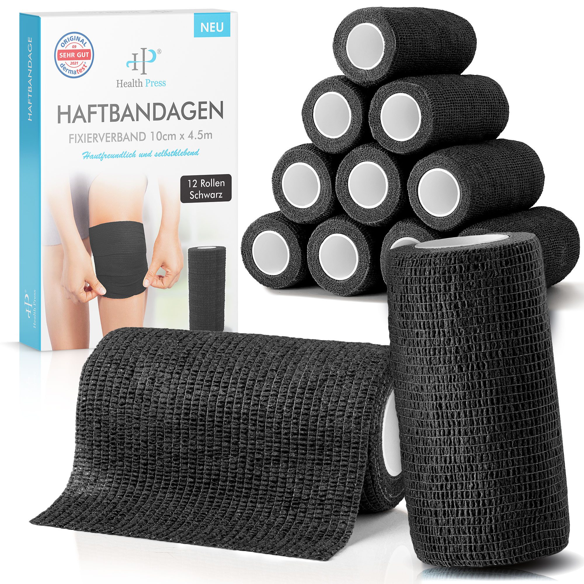 Health Press Bandage Selbstklebender Verband - 12 Elastische Bandagen Rollen (10cm x 4,5m)