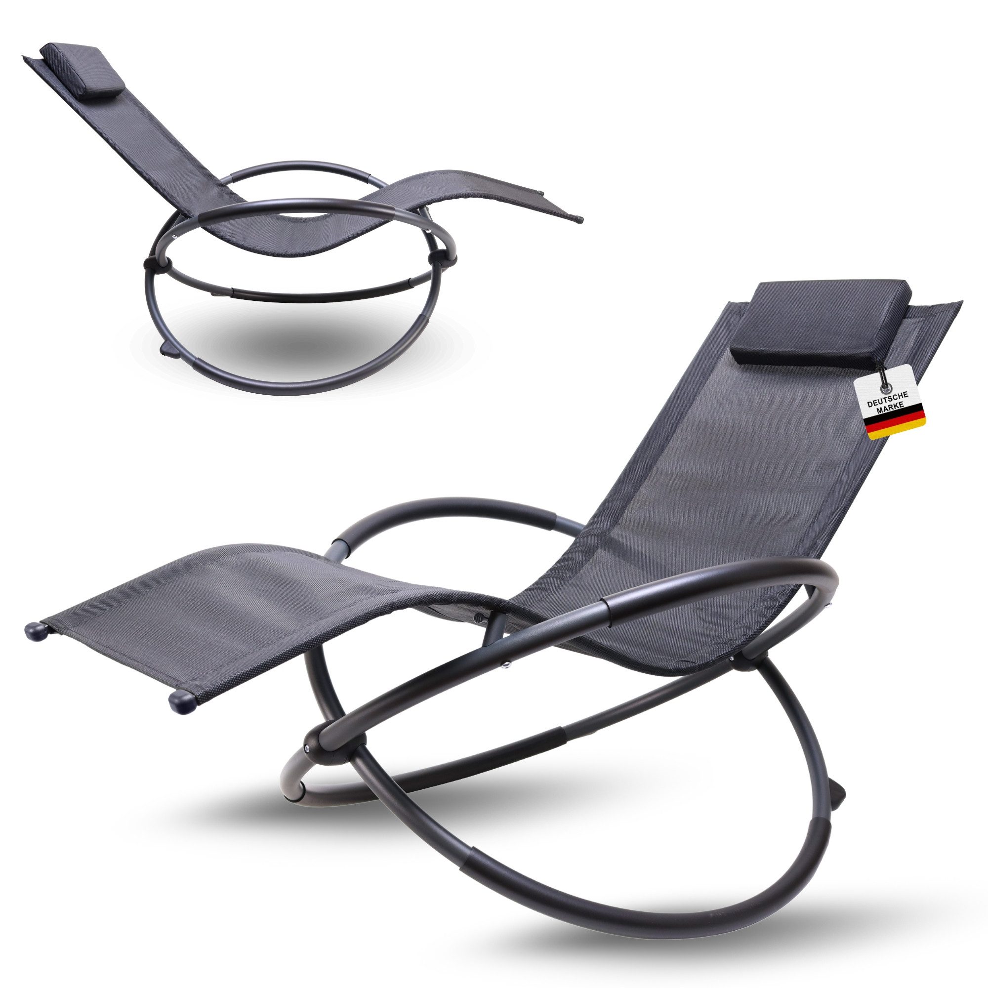 Albatros Gartenliege Premium Gartenliege X-FORM Schwungliege Relaxliege Gartenstuhl, belastbar bis 160Kg, Anthrazit, mit Kopfkissen wetterfest ergonomisch Relaxsessel