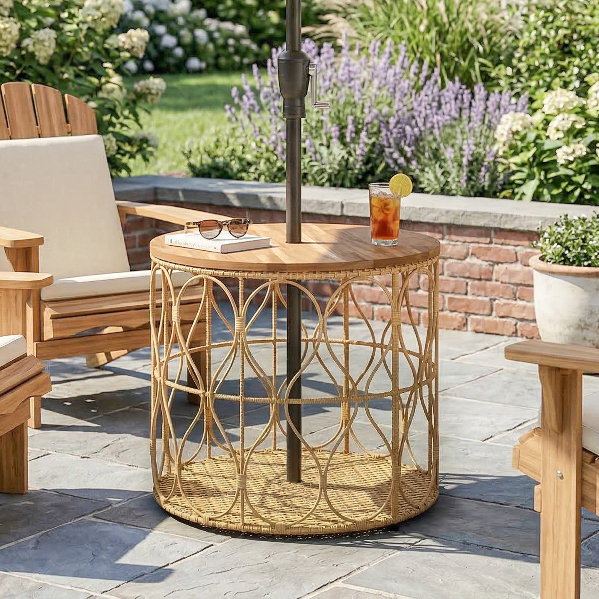 Outsunny Beistelltisch Ø50 cm wetterfest Akazienholz mit Rattanoptik, Bistrotisch (Balkontisch, 1-St., Gartentisch), für Garten Terrasse Balkon Teak