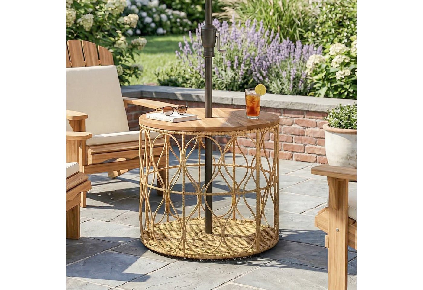 Outsunny Beistelltisch Ø50 cm wetterfest Akazienholz mit Rattanoptik, Bistrotisch (Balkontisch, 1-St., Gartentisch), für Garten Terrasse Balkon Teak