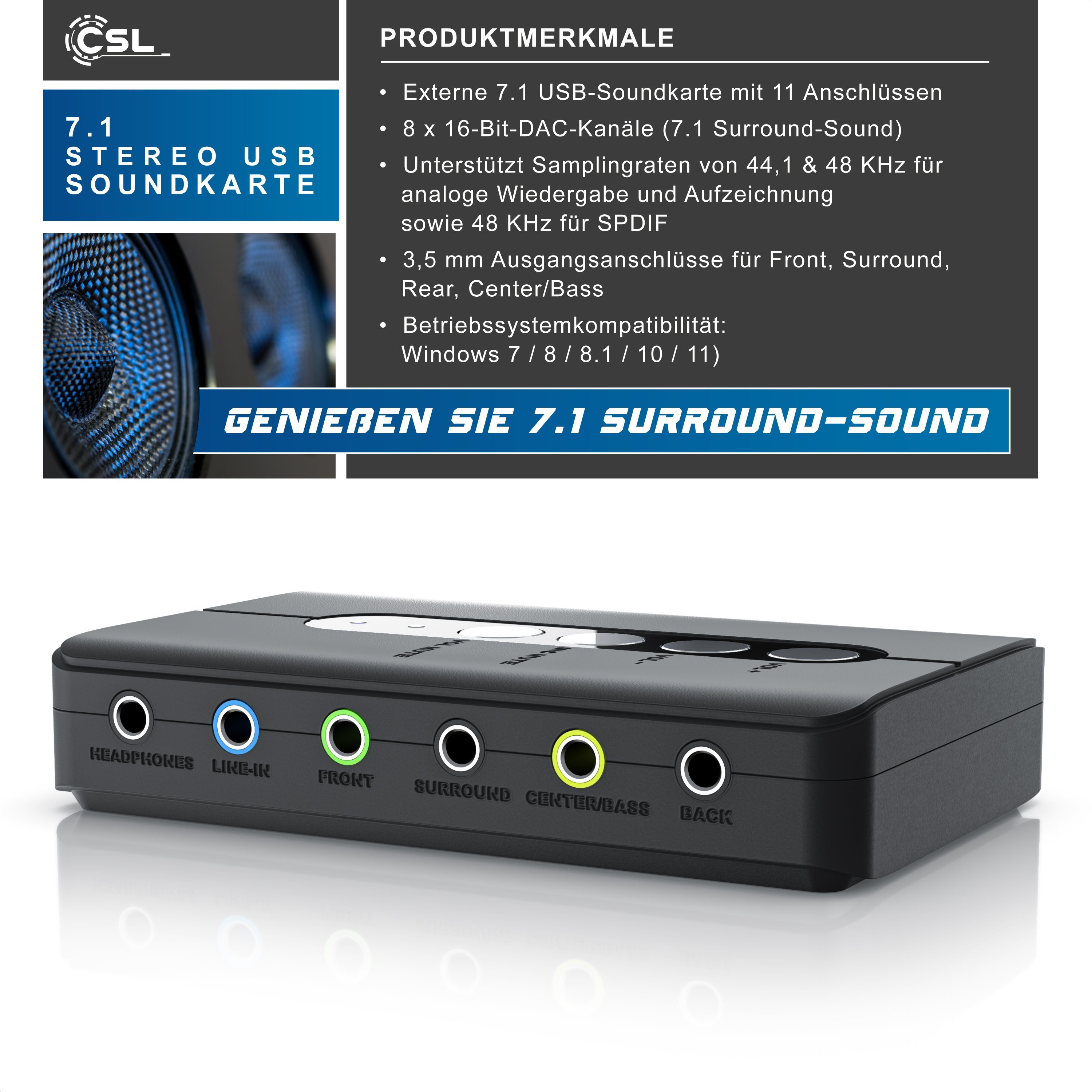 CSL extern, 7.1 Surround Sound, Stereo Audio Adapter, für PC - Win 10, 11 USB-Soundkarte, Lautstärkeregelung, Kopfhörer Anschluss, Mikrofon mit Stummschaltung