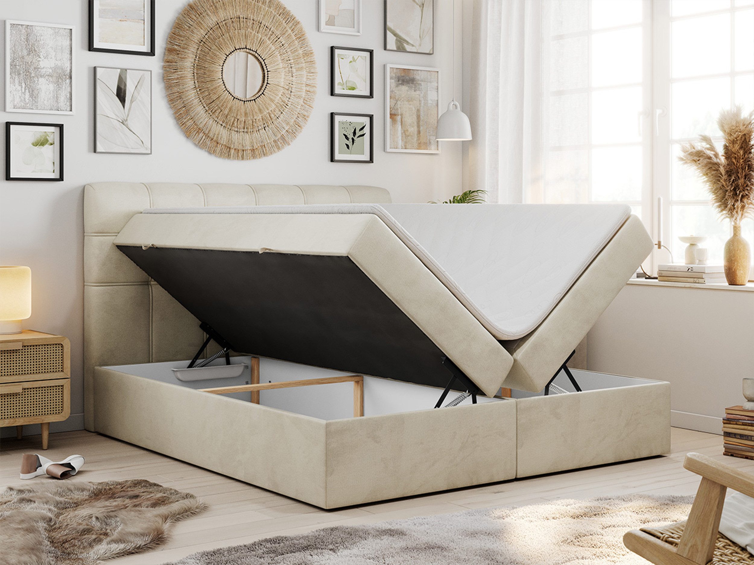 MKS MÖBEL Boxspringbett FAST (Set, Packung, 7 Härtezonen, T30-Schaum, zwei Bettkästen), Doppelbett, Velvet Stoff, Matratzen und Topper T25