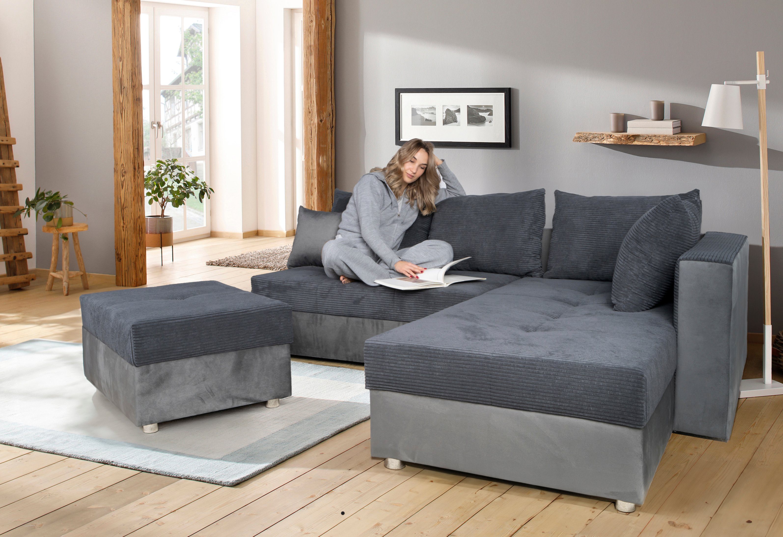 COLLECTION AB Ecksofa 30 Jahre Jubiläums-Modell Italia L-Form, mit Bettfunktion und Bettkasten, in Cord-Samt Mix