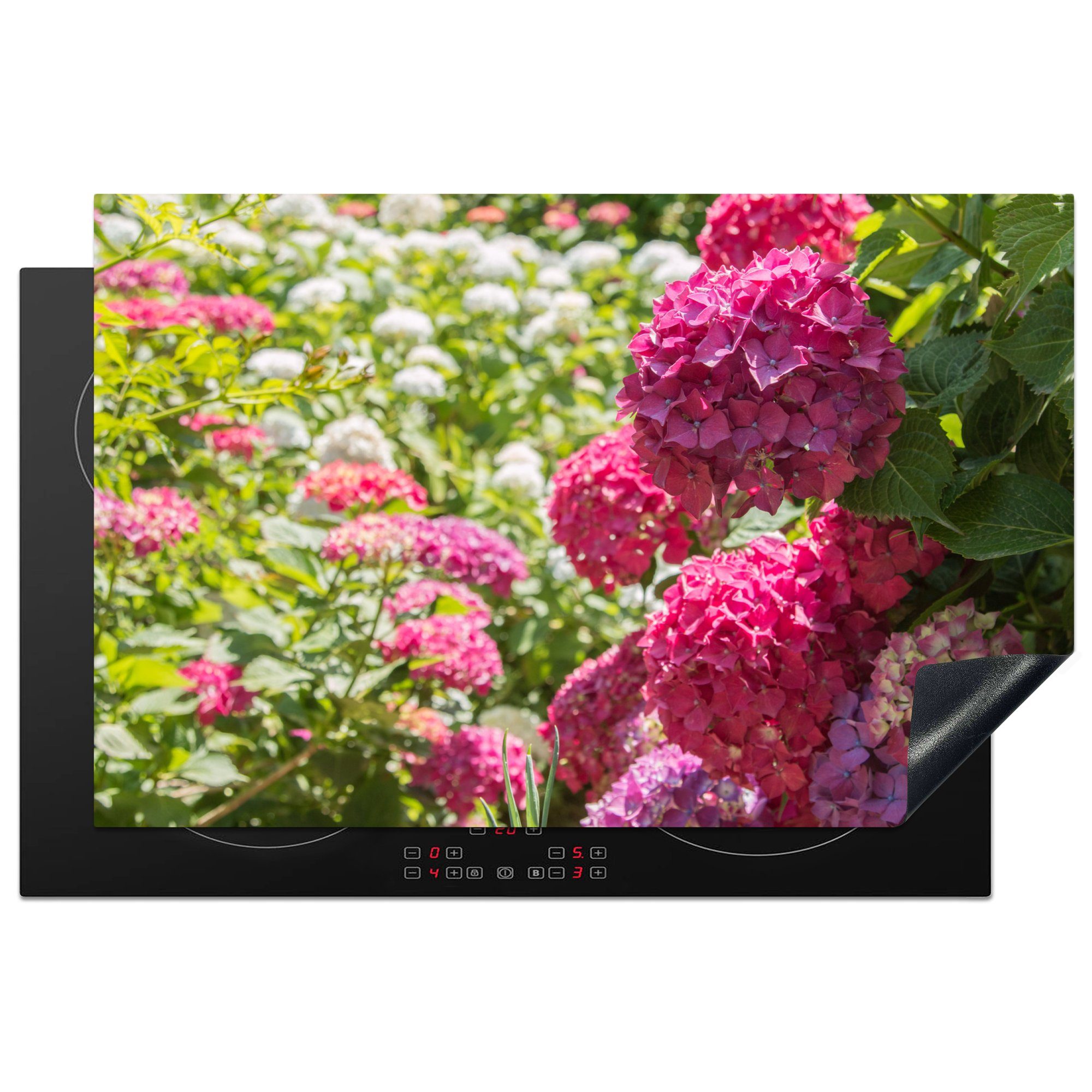 MuchoWow Herdblende-/Abdeckplatte Ein Garten voller rosa und weißer Hortensien, Vinyl, (1 tlg), 81x52 cm, Induktionskochfeld Schutz für die küche, Ceranfeldabdeckung
