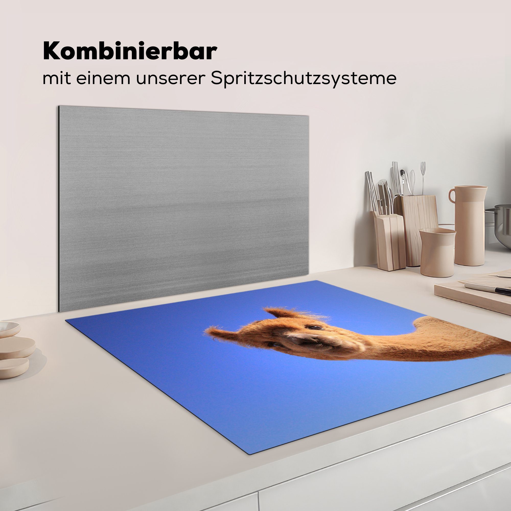 78x78 - küche MuchoWow Alpaka Blau Himmel, Vinyl, (1 für cm, Herdblende-/Abdeckplatte tlg), - Arbeitsplatte Ceranfeldabdeckung,