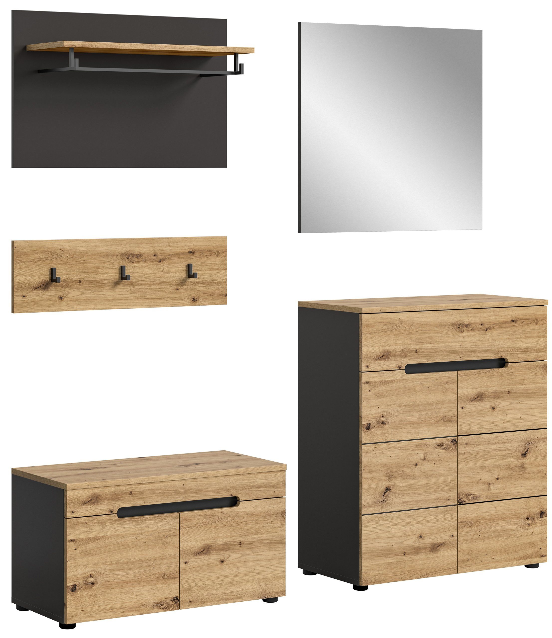Newroom Garderoben-Set Basalt Grau 175 cm, Garderoben-Set Artisan Eiche Basalt Grau Flurmöbel Garderobenschra...
