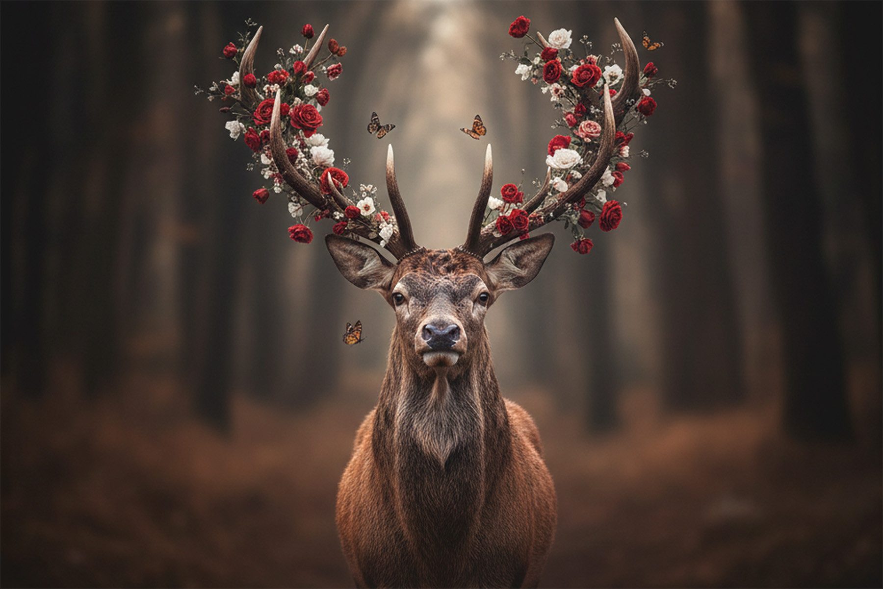 Bönninghoff Bild HIRSCH MIT BLUMEN 60x90 cm – Leinwandbild Keilrahmen Deko modern