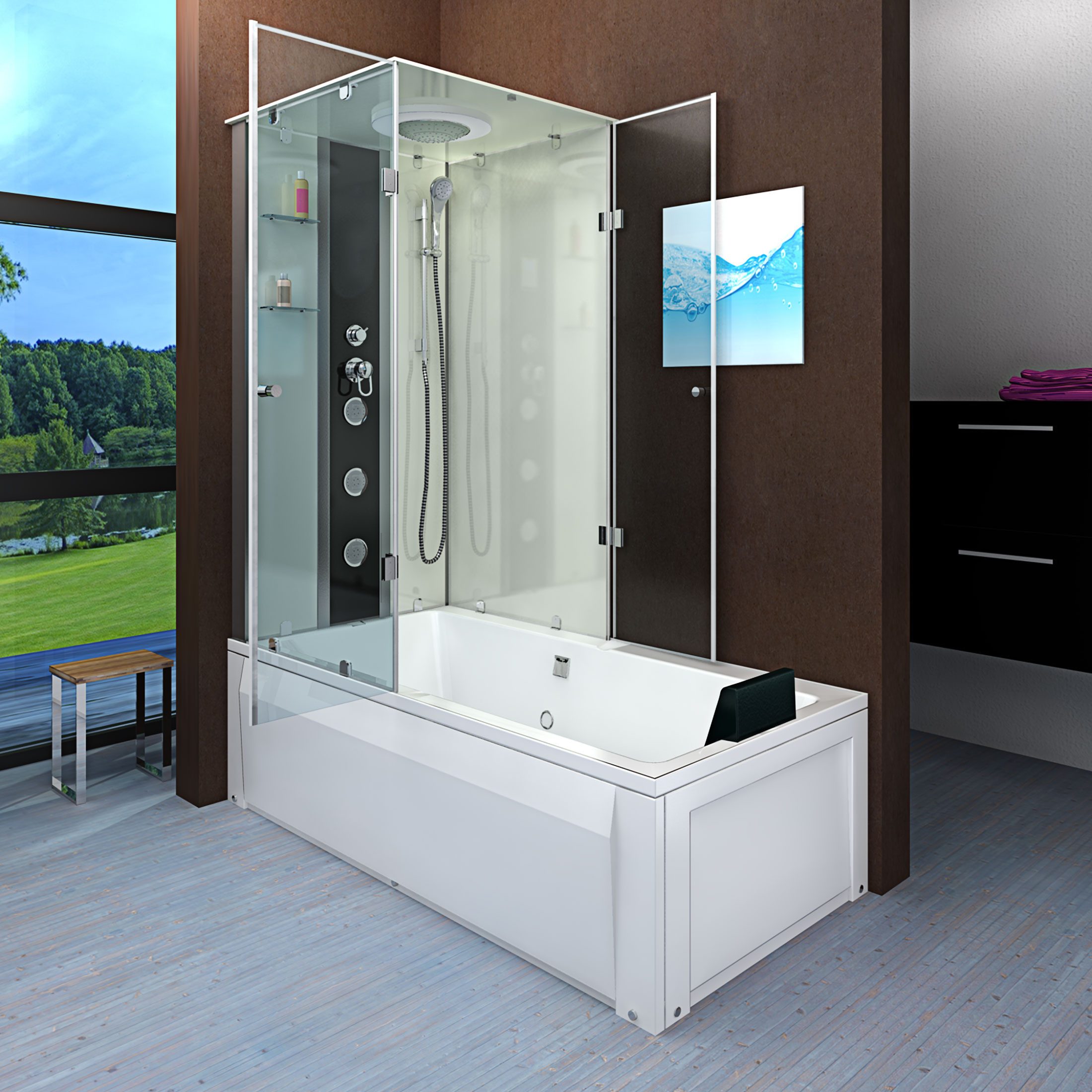 AcquaVapore Grossraumdusche Dusche Wanne Kombination K05-R00-ALL 90x180, Sicherheitsglas ESG, Nackenstütze