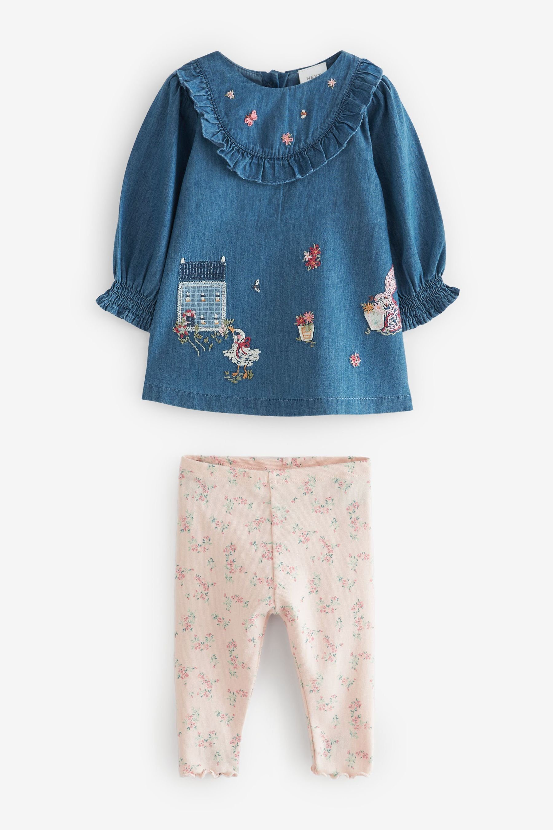 Next Shirt Jeans-Oberteil Embroidery mit & Bunny (2-tlg) Baby-Set Blue Leggings Denim 2-teiliges + Leggings