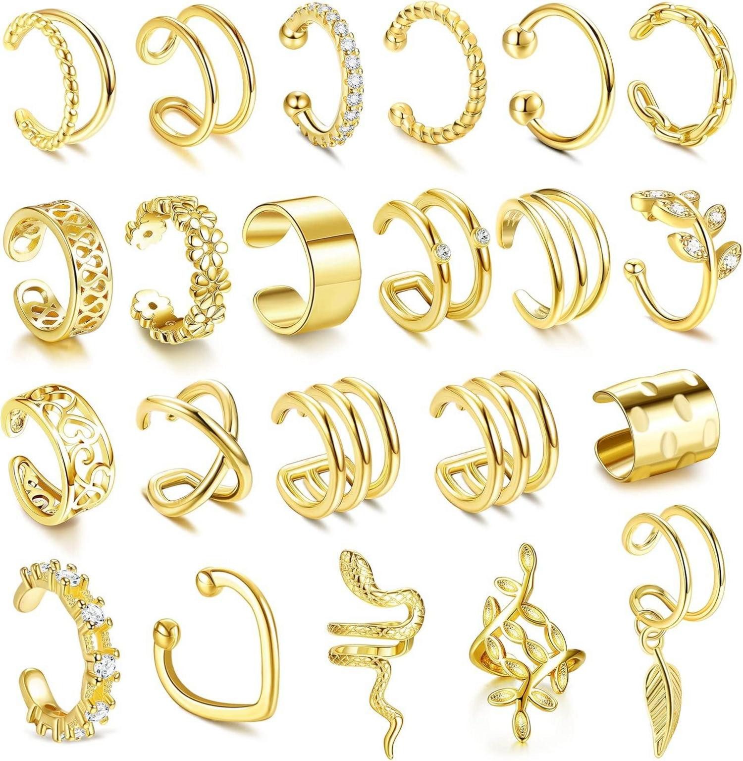 Schmuckset 22-teiliges Ear Cuff Set Damen Ohrclips Einstellbar Ohne Ohrloch Gold