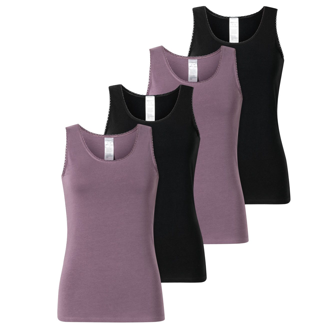 Schiesser Unterhemd Modern Multipacks Trägertops (Set, 4er Pack) Baumwoll-Stretch, Jersey, Spitze, lila / schwarz