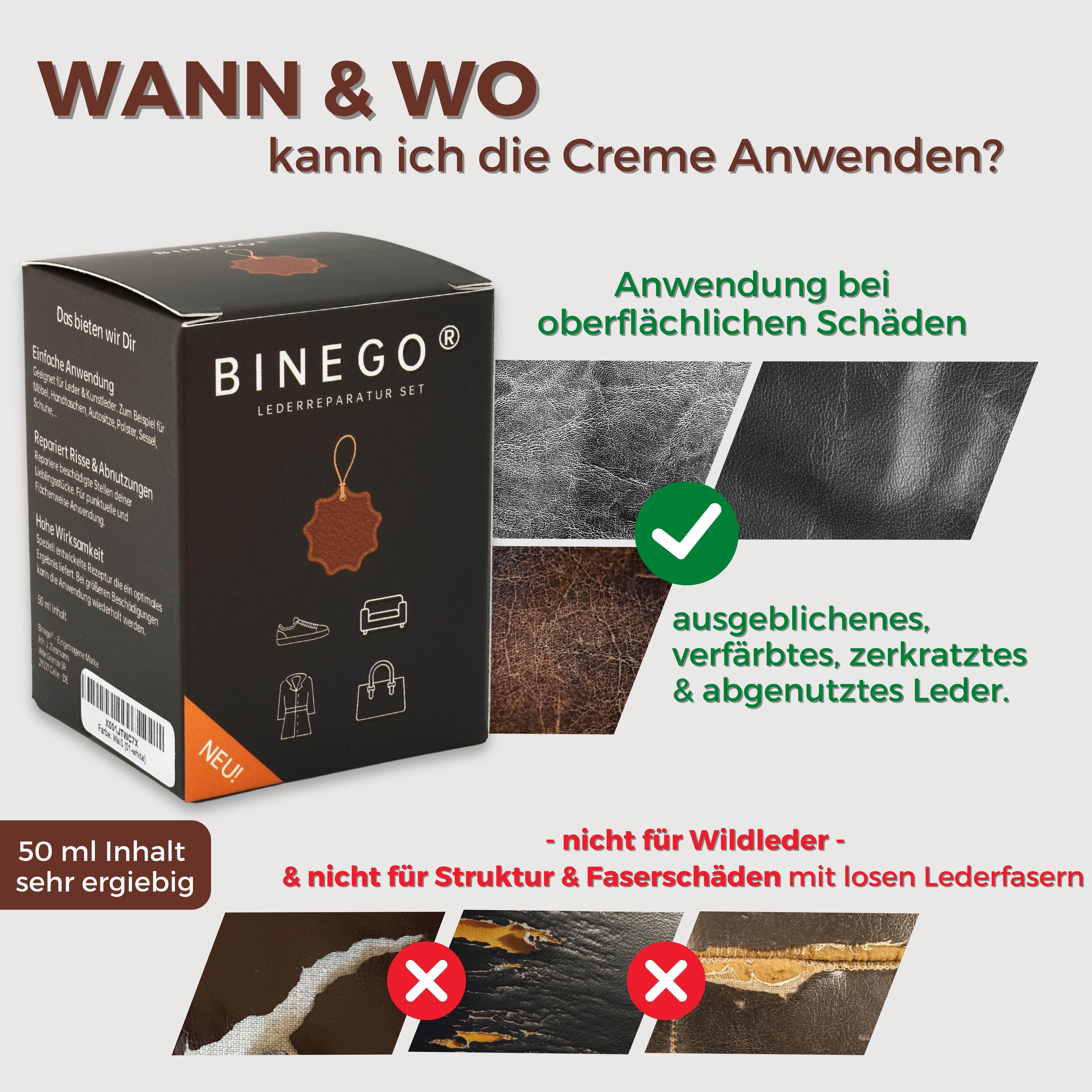 Binego Lederreparaturset Leder Kunstleder Lederreparatur Flüssigleder Lederpflegeset (Reparatur Set, 4 St., Lederfarbe), schnell trocknend