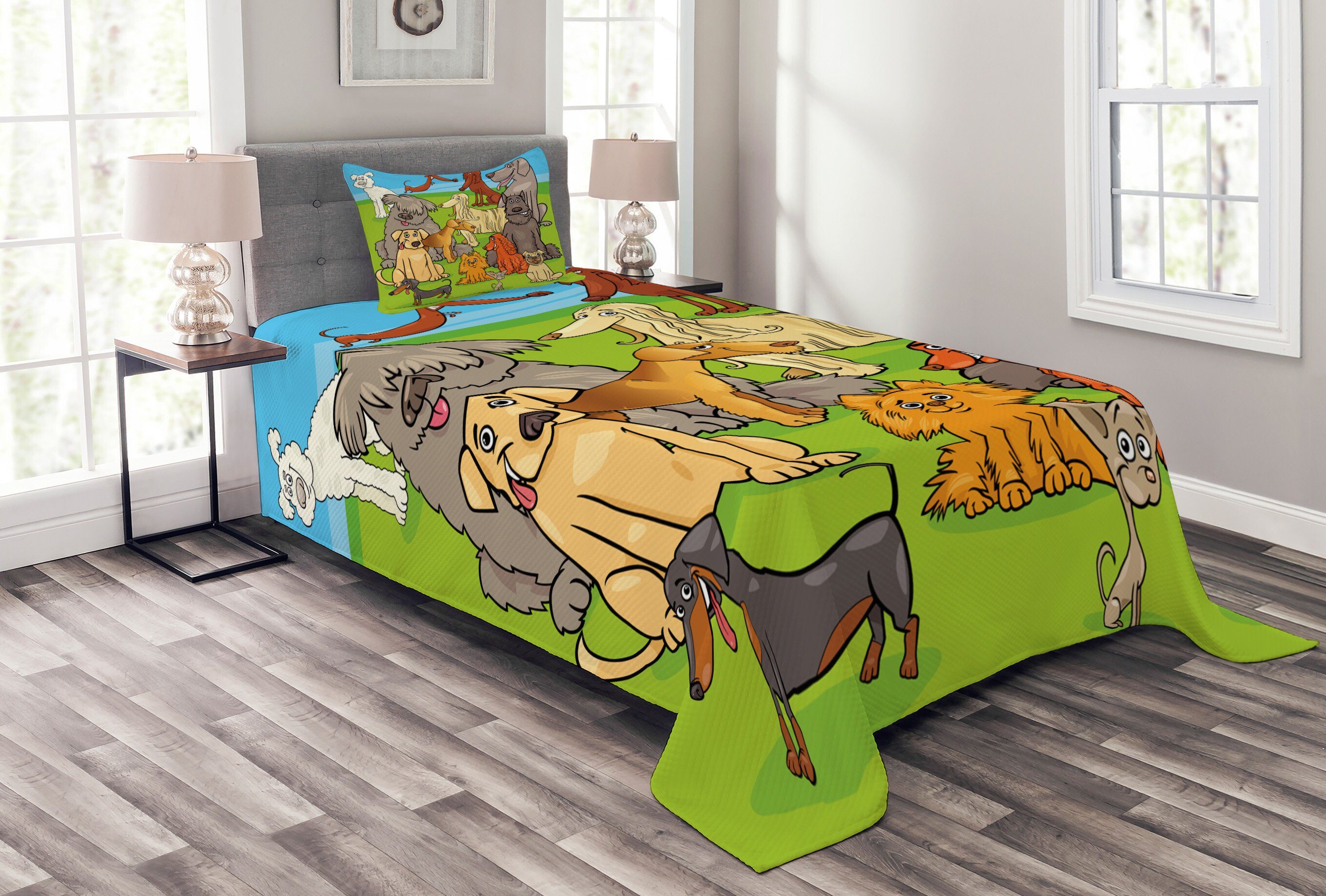 Tagesdecke Kissenbezügen Lustige mit Hunde Set Abakuhaus, Karikatur glückliche Nursery Waschbar,