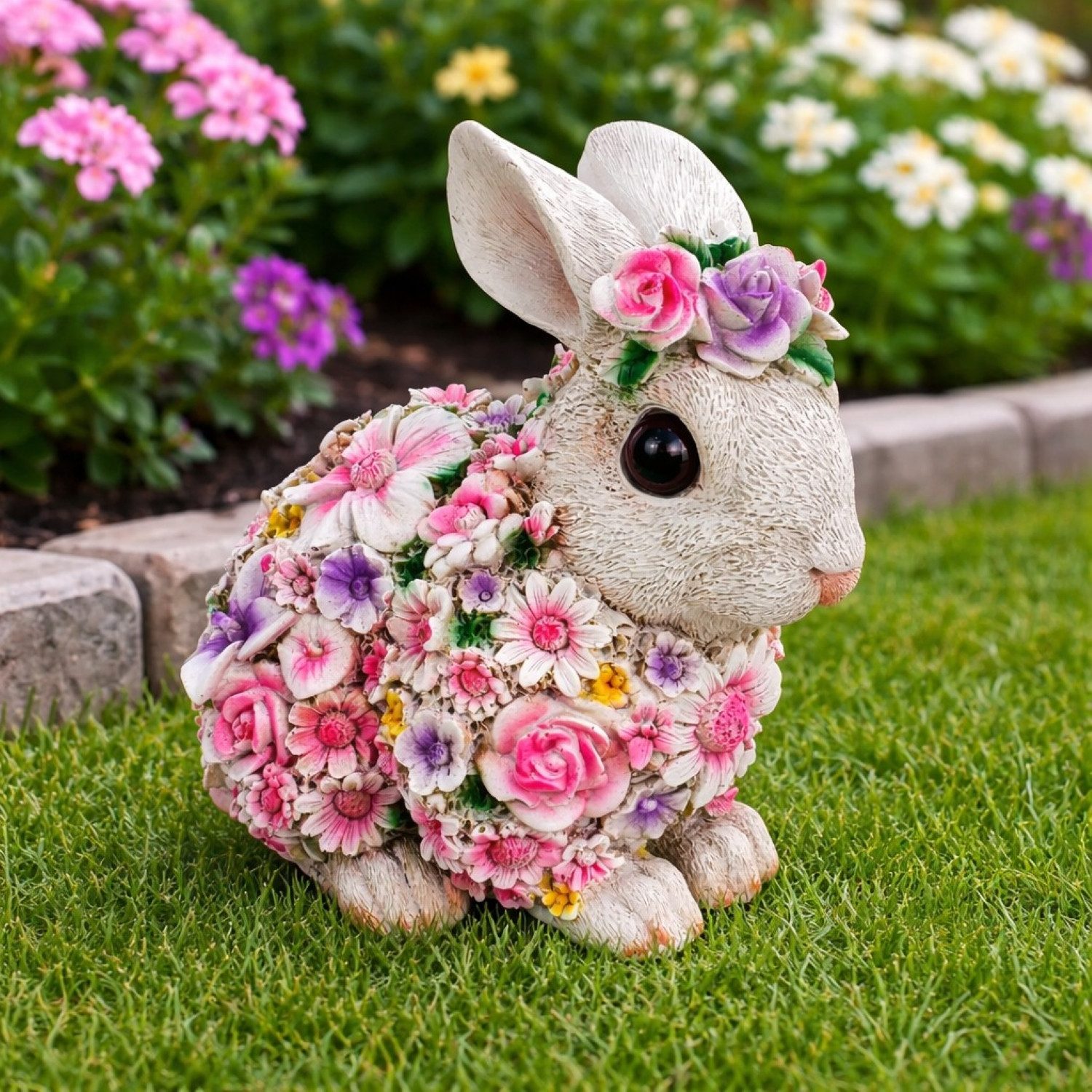 Online-Fuchs Gartenfigur süßer Blumenhase für außen - Deko Figuren Frühling, Sommer, (19 oder 25 cm hoch), aus langlebigem Kunstharz gefertigt, wetterfest - 19 bis 25 cm groß