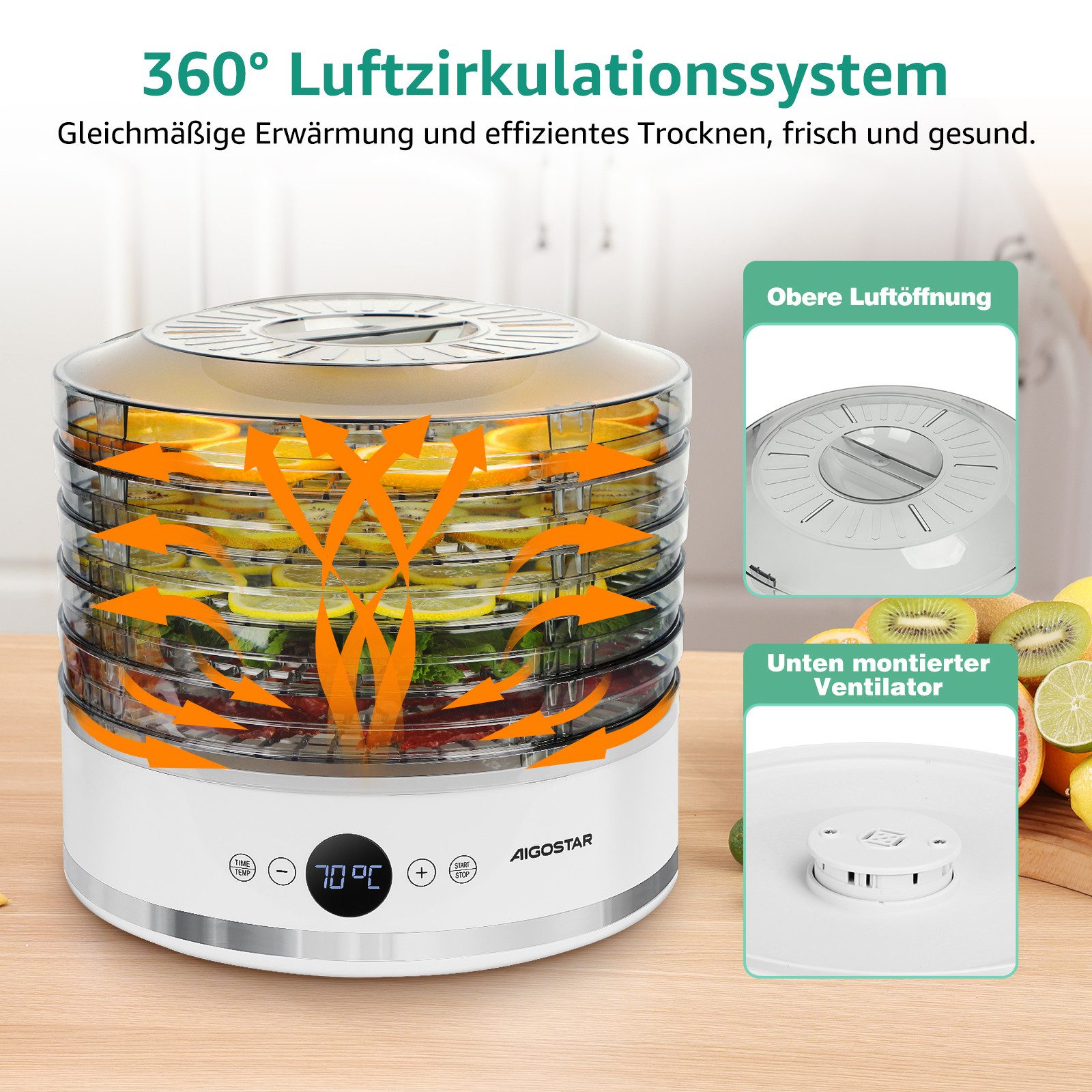 Aigostar Dörrautomat Dörrgerät mit "FAN"-Modus, Temperatur 35-70°C, 5 höhenverstellbaren 380 W, 5 Etagen, LED-Anzeige, 48h-Timer, leiser Betrieb, BPA-frei, Rezeptbuch inklusive