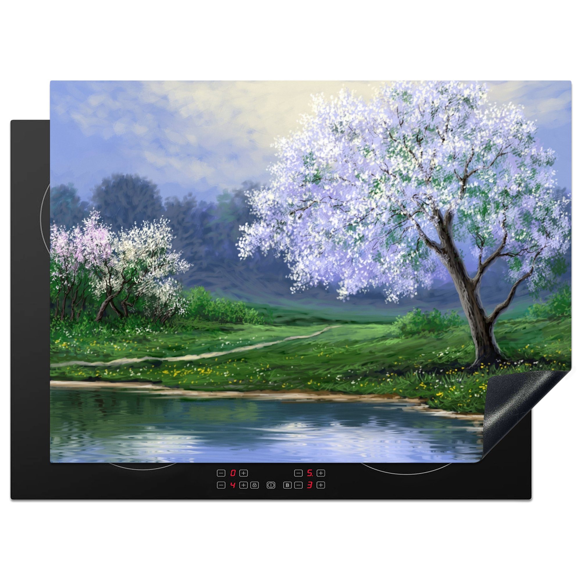 MuchoWow Herdblende-/Abdeckplatte Malerei - Ceranfeldabdeckung Wasser, cm, (1 70x52 Baum Arbeitsfläche tlg), Natur nutzbar, Mobile - Vinyl, - - Blüte