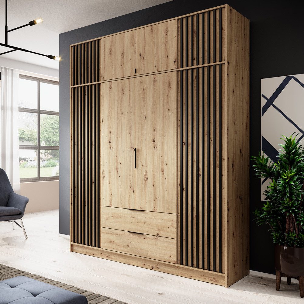 Lomadox Kleiderschrank NAMUR-160 mit Aufsatzschrank, Eiche mit schwarzen Lamellen, 206 cm breit