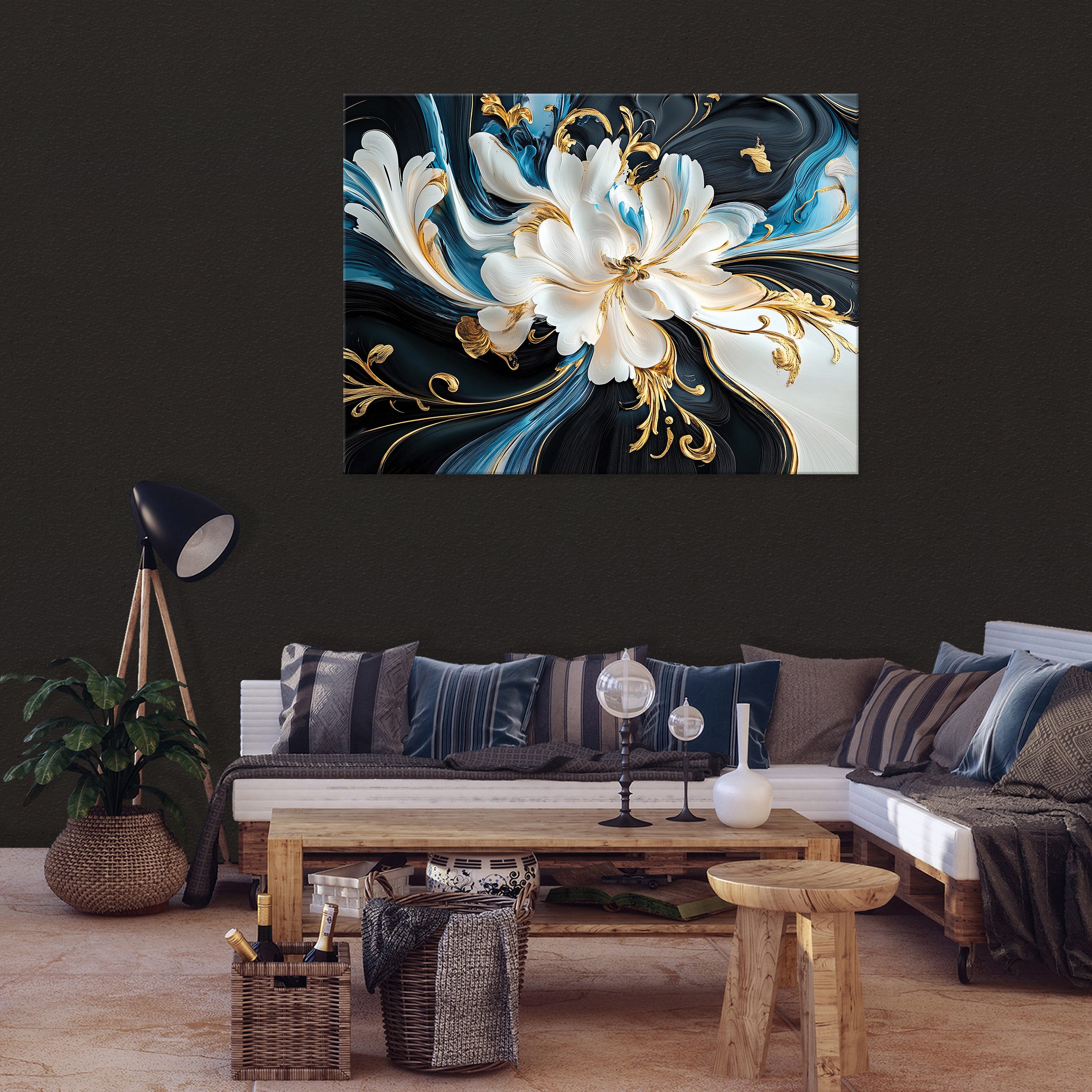Wallarena Leinwandbild Blumen Abstrakt Beige Blau Gold Wandbilder XXL Wand günstig online kaufen