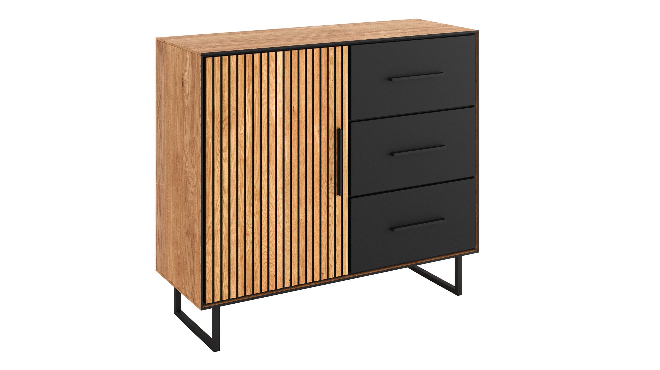 Massivart® Kommode BELLA 108 cm / Eiche Massivholz geölt / Metallgriffe, 1 Tür / 3 Schubladen / 1 Einlegeboden / Soft-Close-Funktion