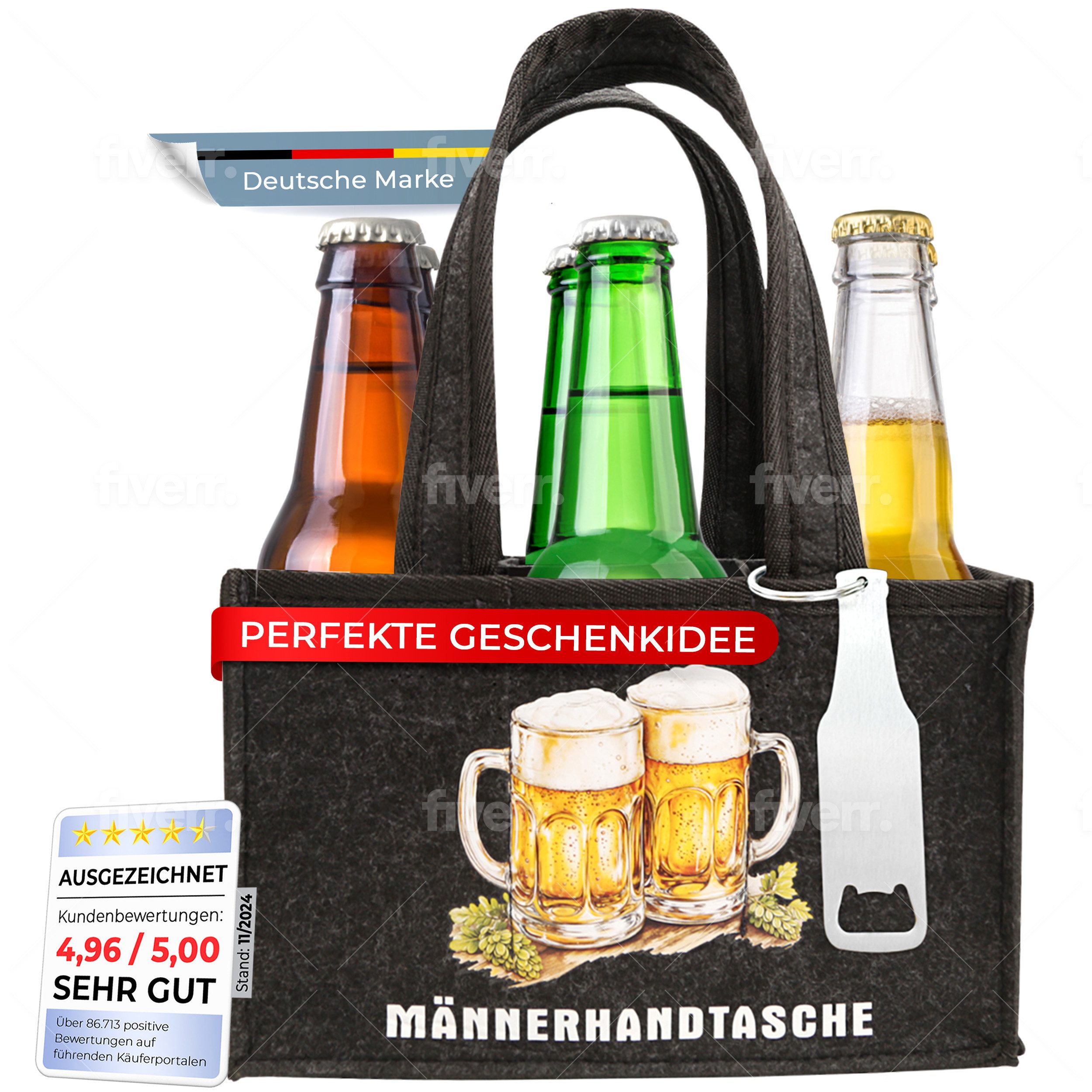 wortek Flaschenträger Männerhandtasche, Geschenke für Männer Bier Tasche (Set, 2-St), Tragetasche aus Filz