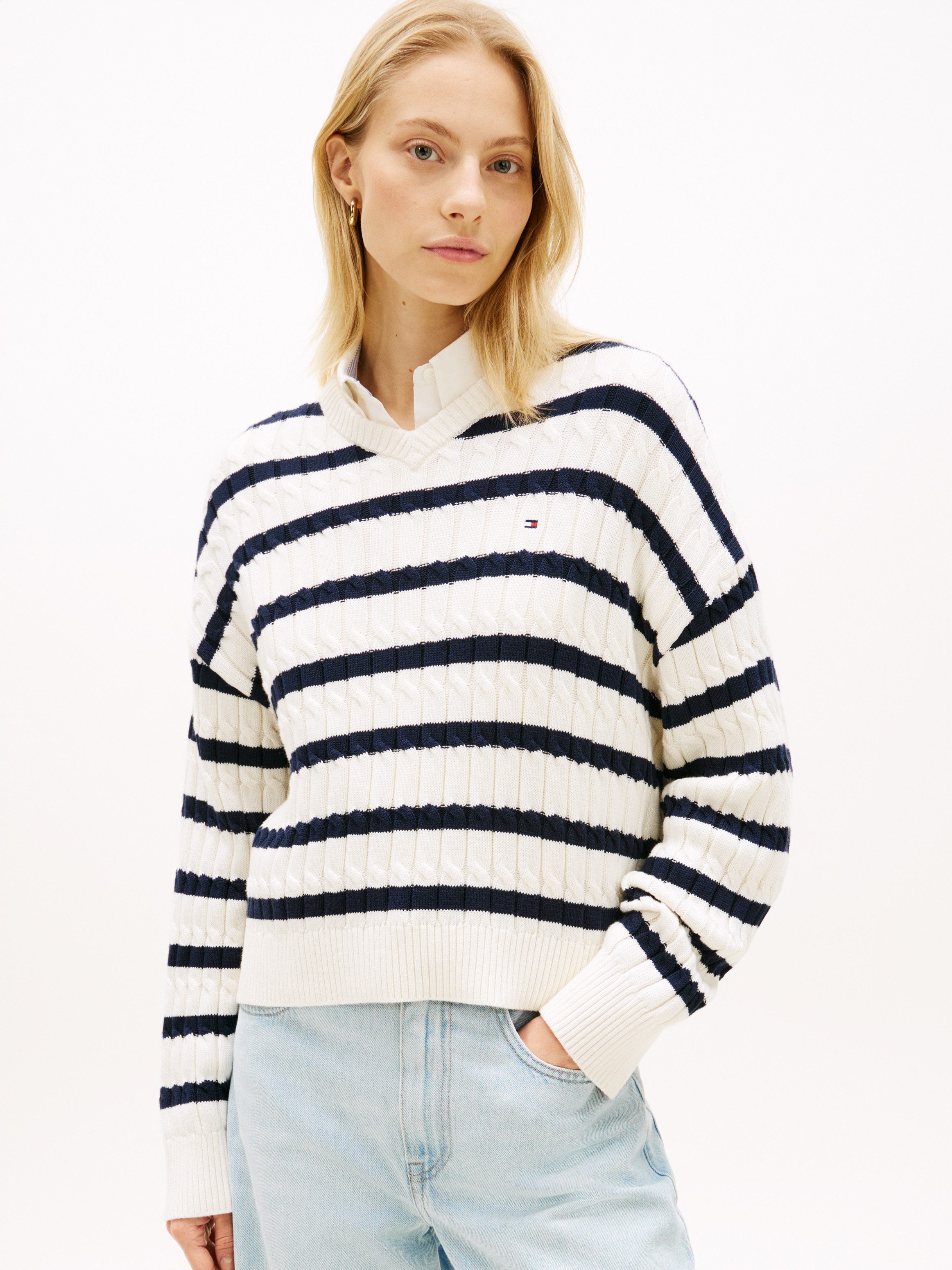 Tommy Hilfiger Strickpullover CO CABLE MID GG RLX LS V-NK SWT mit Zopfmuster