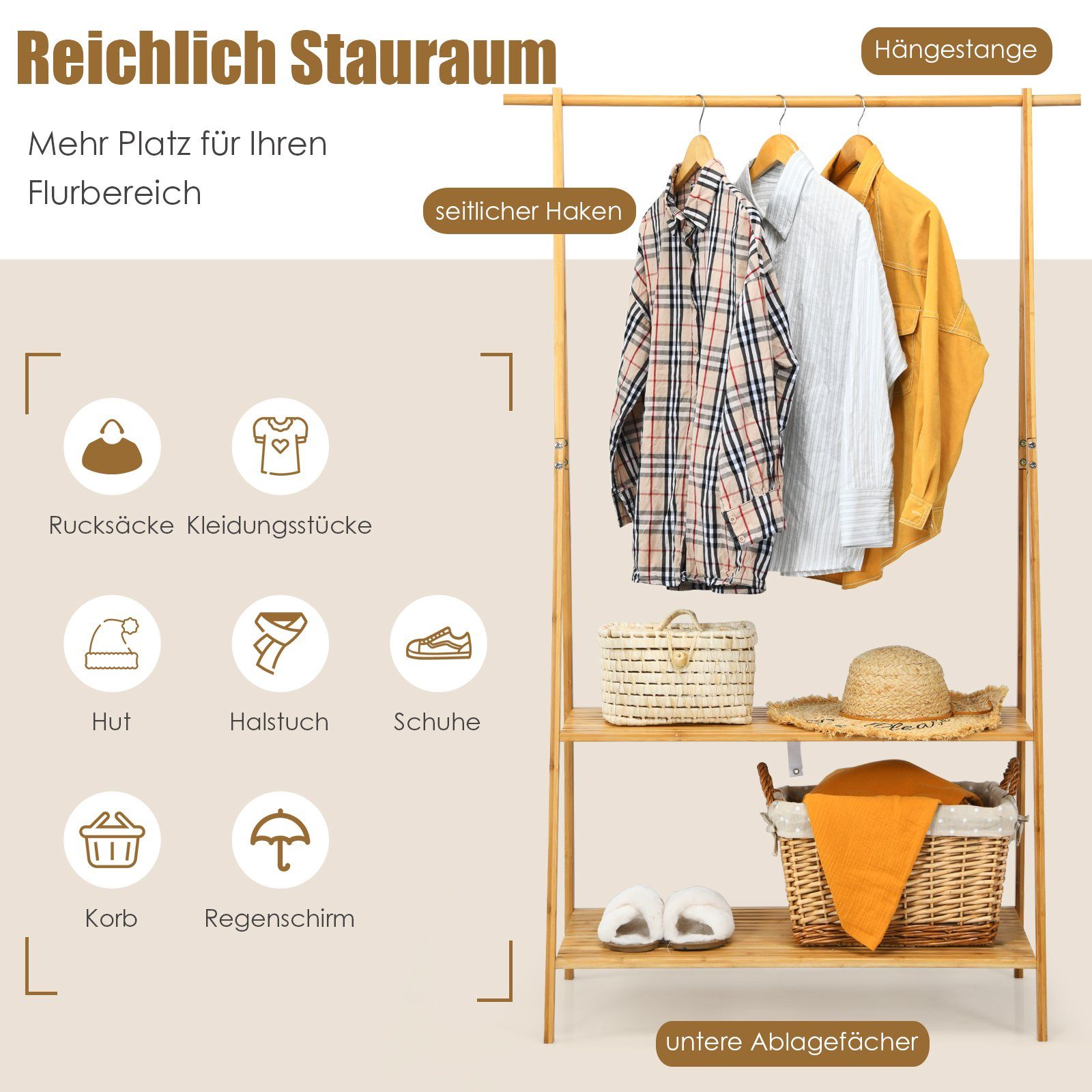 COSTWAY Kleiderständer, aus Bambus, mit 2 günstig online kaufen