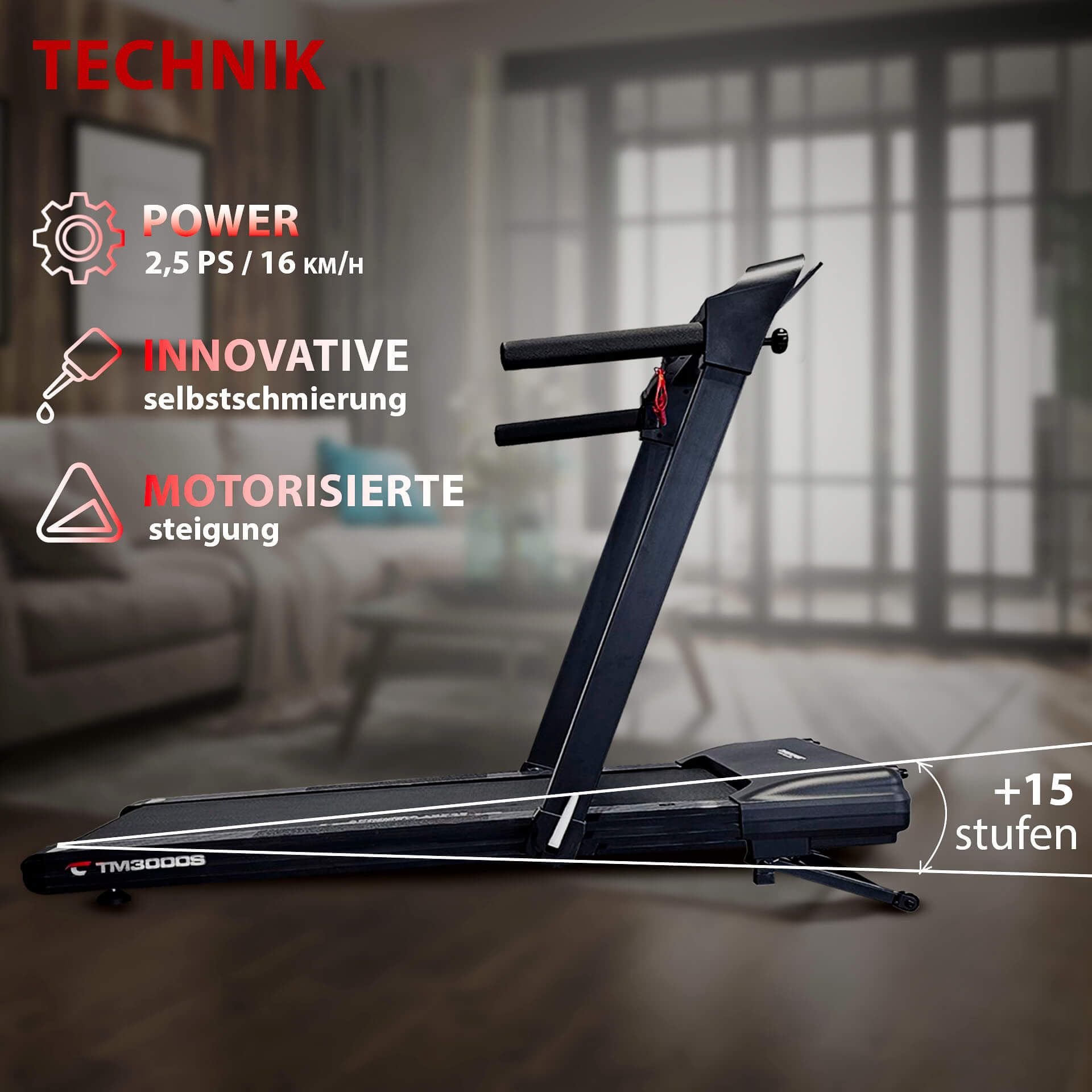 Christopeit Sport® Laufband TM 3000S (Bluetooth-Funktion, integrierte Transportrollen und Tablethalterung), bis max. 16 km/h, klappbar, 120 kg max. Benutzergewicht